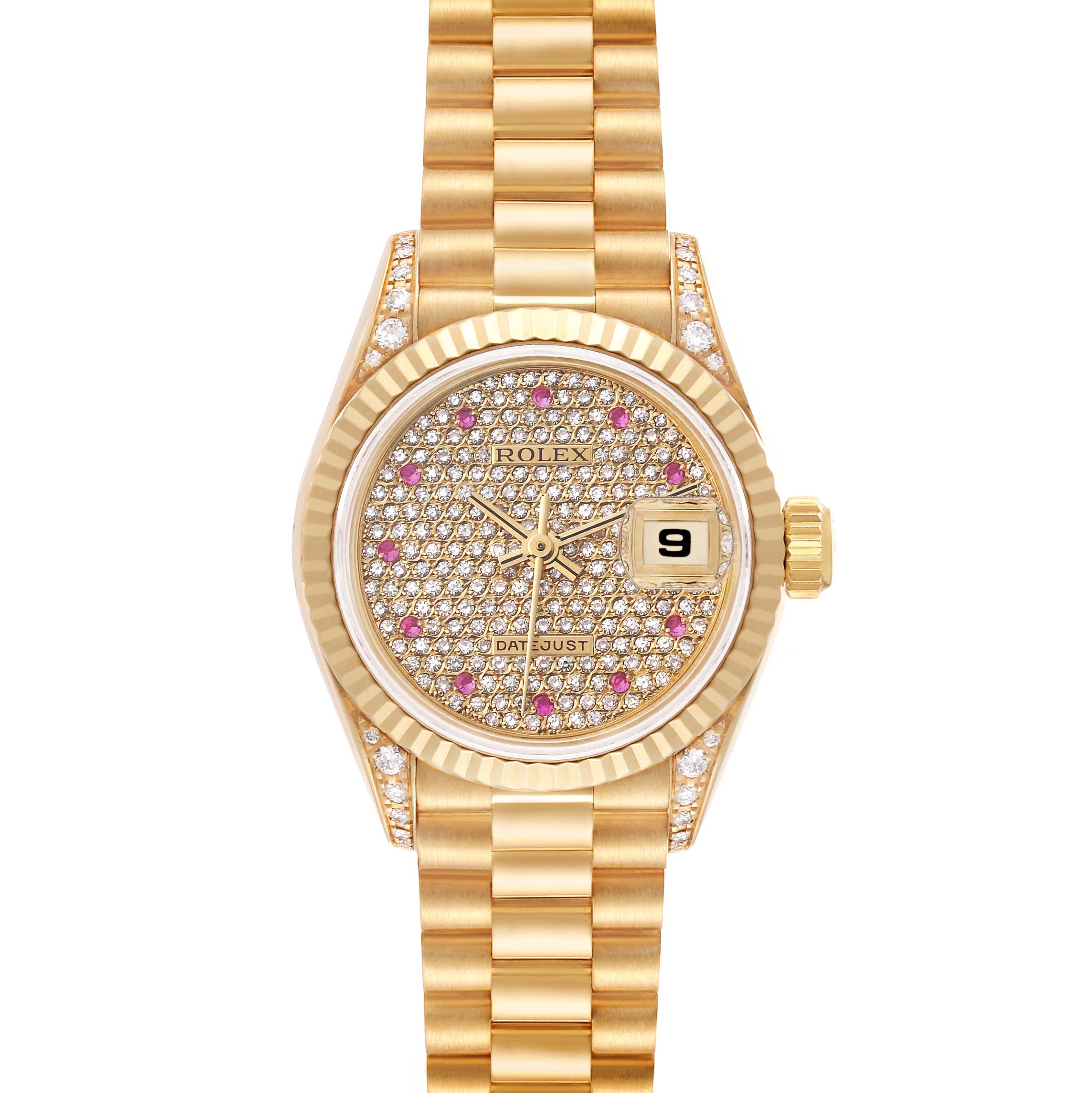 This image shows a high-angle view of a Rolex President 69238 Women's Yellow Gold Champagne Dial 69238 Women's Yellow Gold Champagne Dial model watch, featuring a gold bracelet, diamond bezel, and diamond-studded dial with date display.