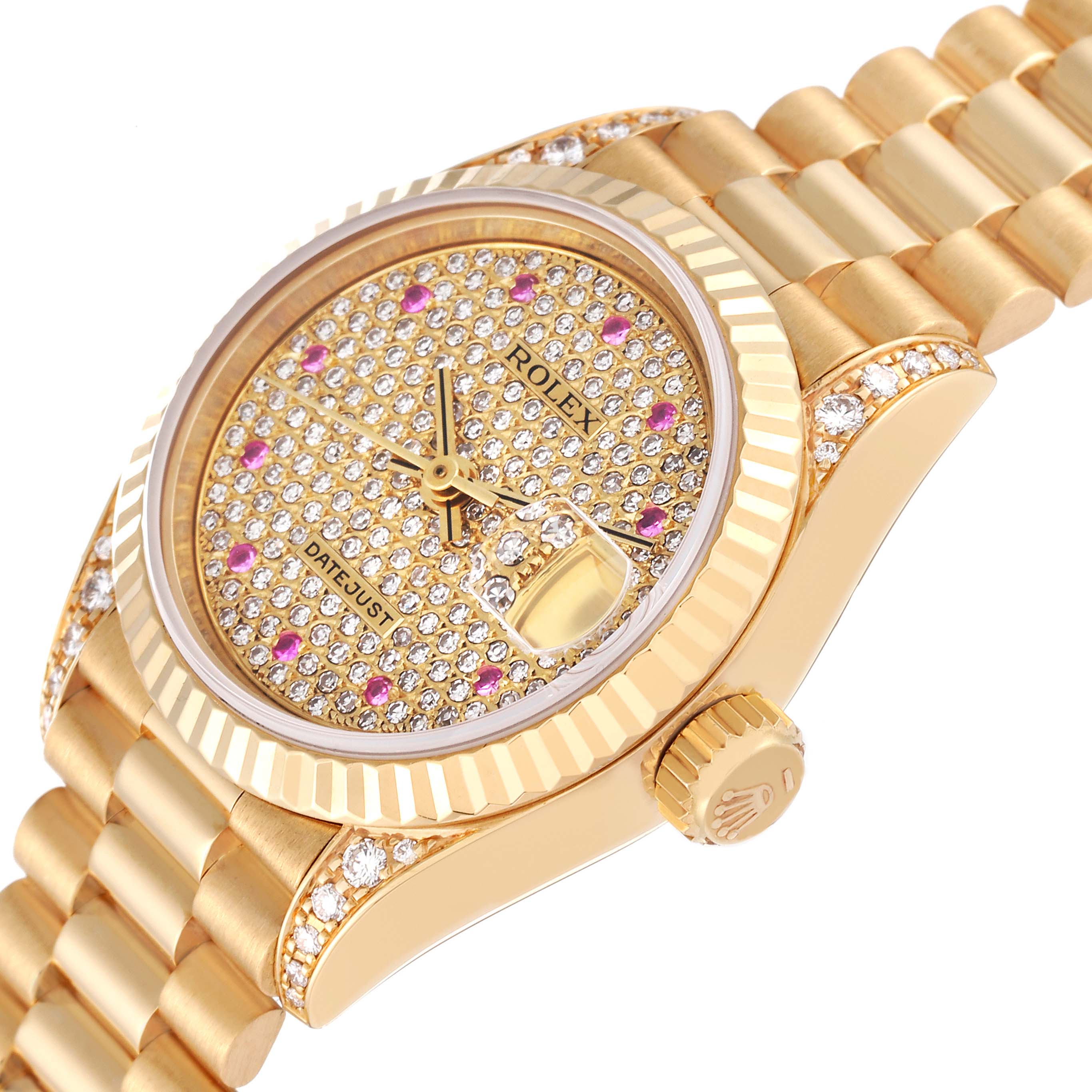 The image shows a Rolex President 69238 Women's Yellow Gold Champagne Dial 69238 Women's Yellow Gold Champagne Dial Datejust watch angled to display the face, crown, and part of the bracelet.