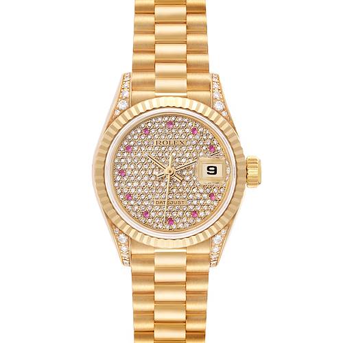 Photo of Rolex President Datejust Yellow Gold Diamond Ruby Ladies Watch 69238 Box Papers