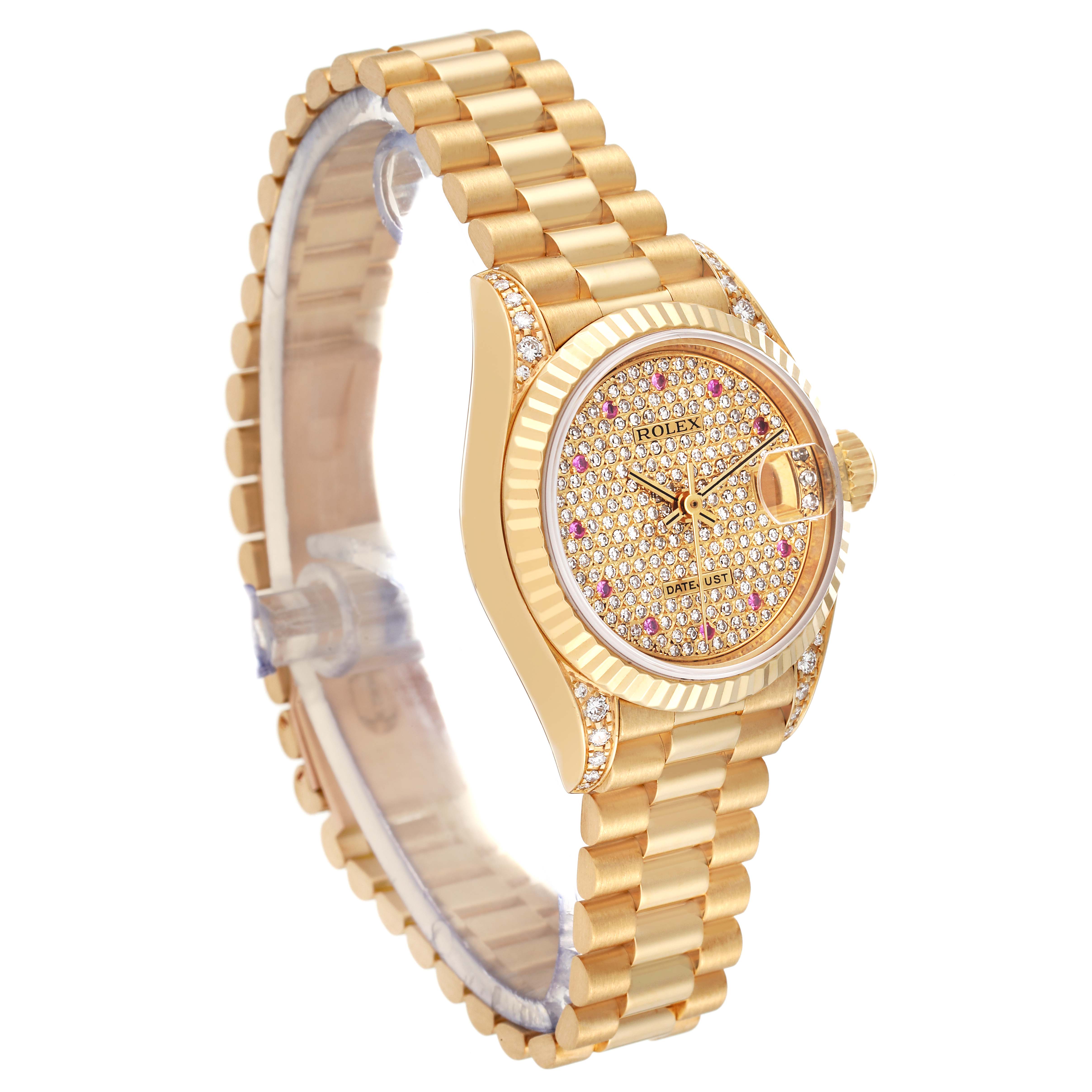 This image shows a side view of the Rolex President 69238 Women's Yellow Gold Champagne Dial 69238 Women's Yellow Gold Champagne Dial model, highlighting its gold bracelet, diamond-encrusted dial, and bezel.