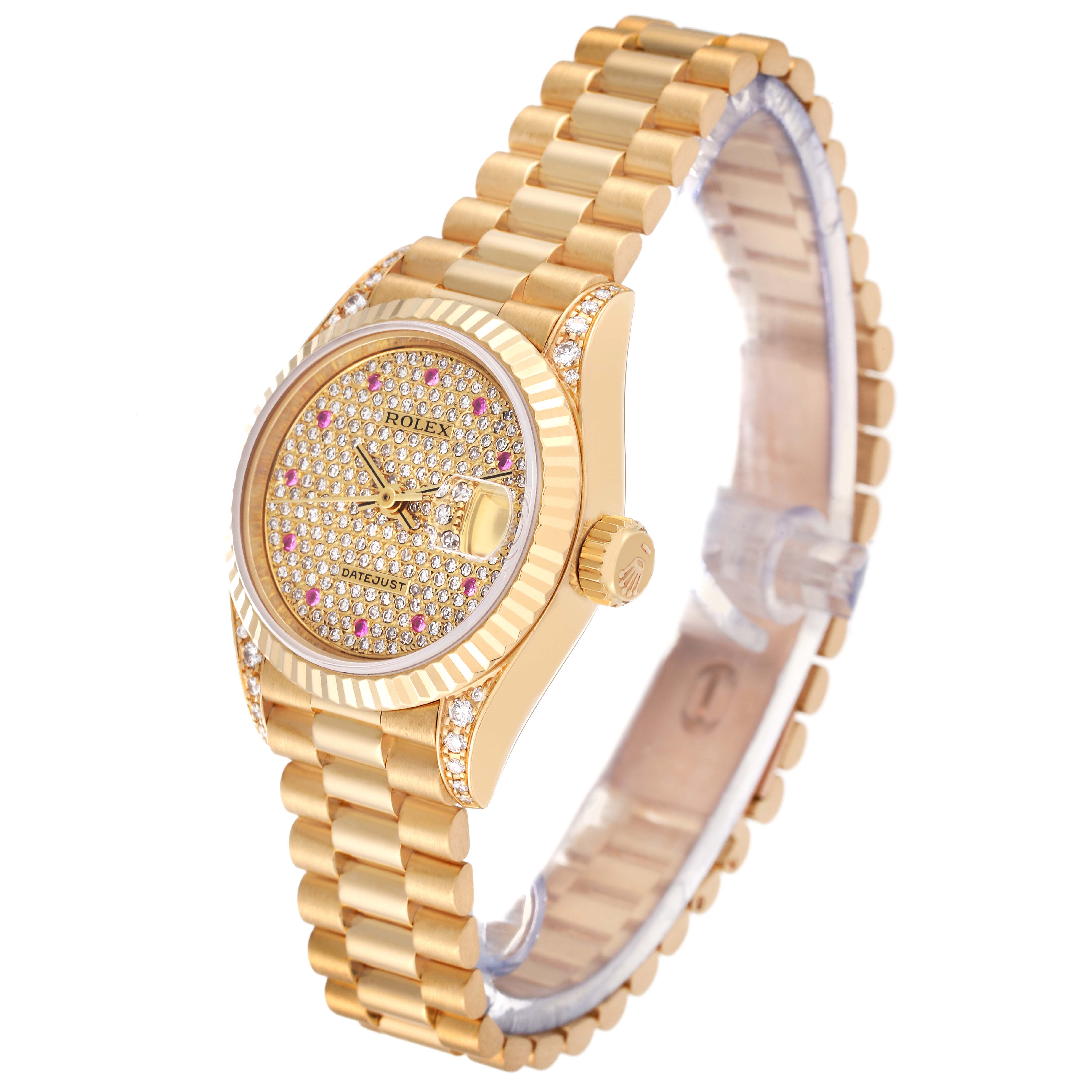 The Rolex President 69238 Women's Yellow Gold Champagne Dial 69238 Women's Yellow Gold Champagne Dial model watch is shown from an angled side view, highlighting its gold bracelet, bezel, and diamond-encrusted dial.