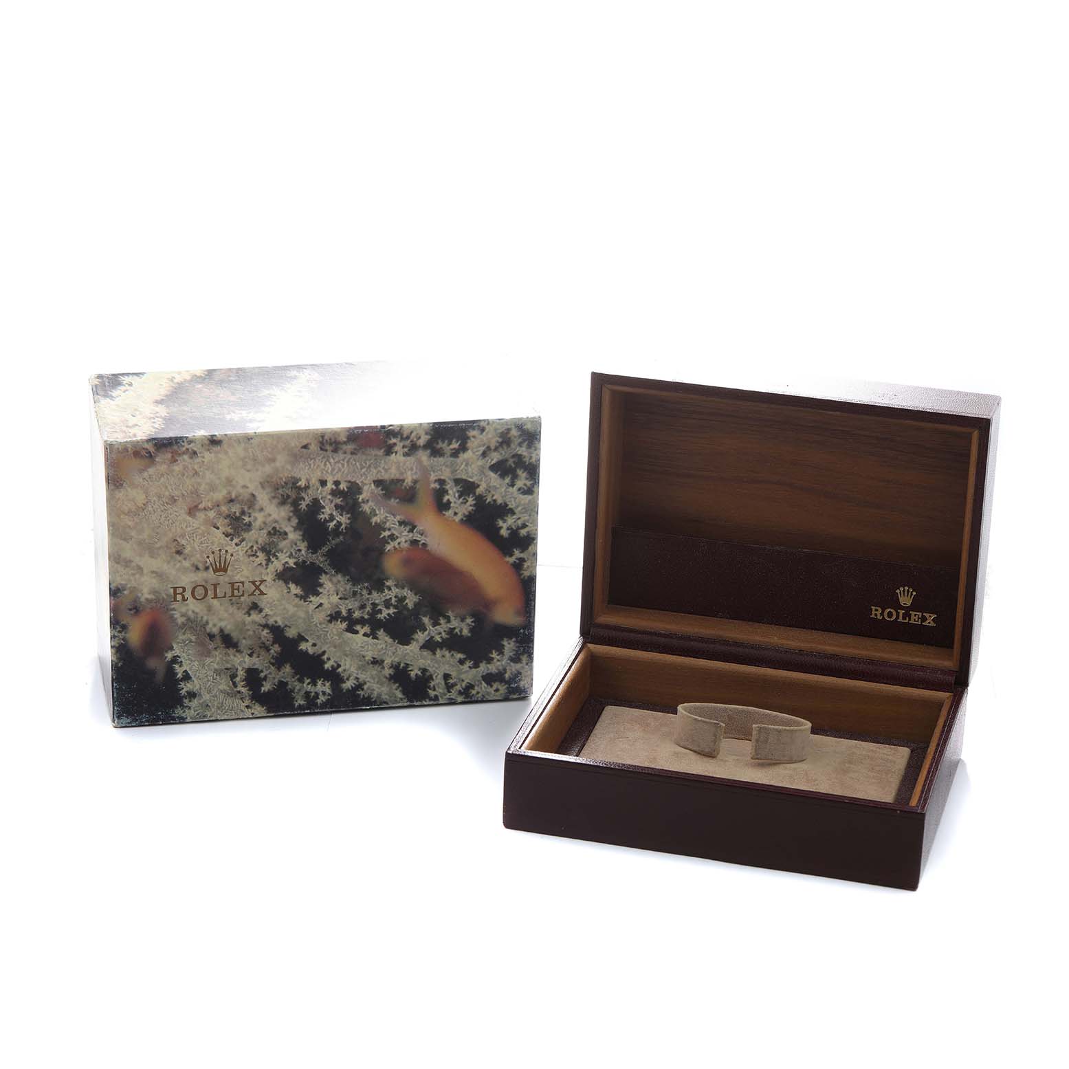 The image shows a Rolex President 69158 Women's Yellow Gold Champagne Dial model watch box and packaging, including an open wooden box and a decorative outer box.