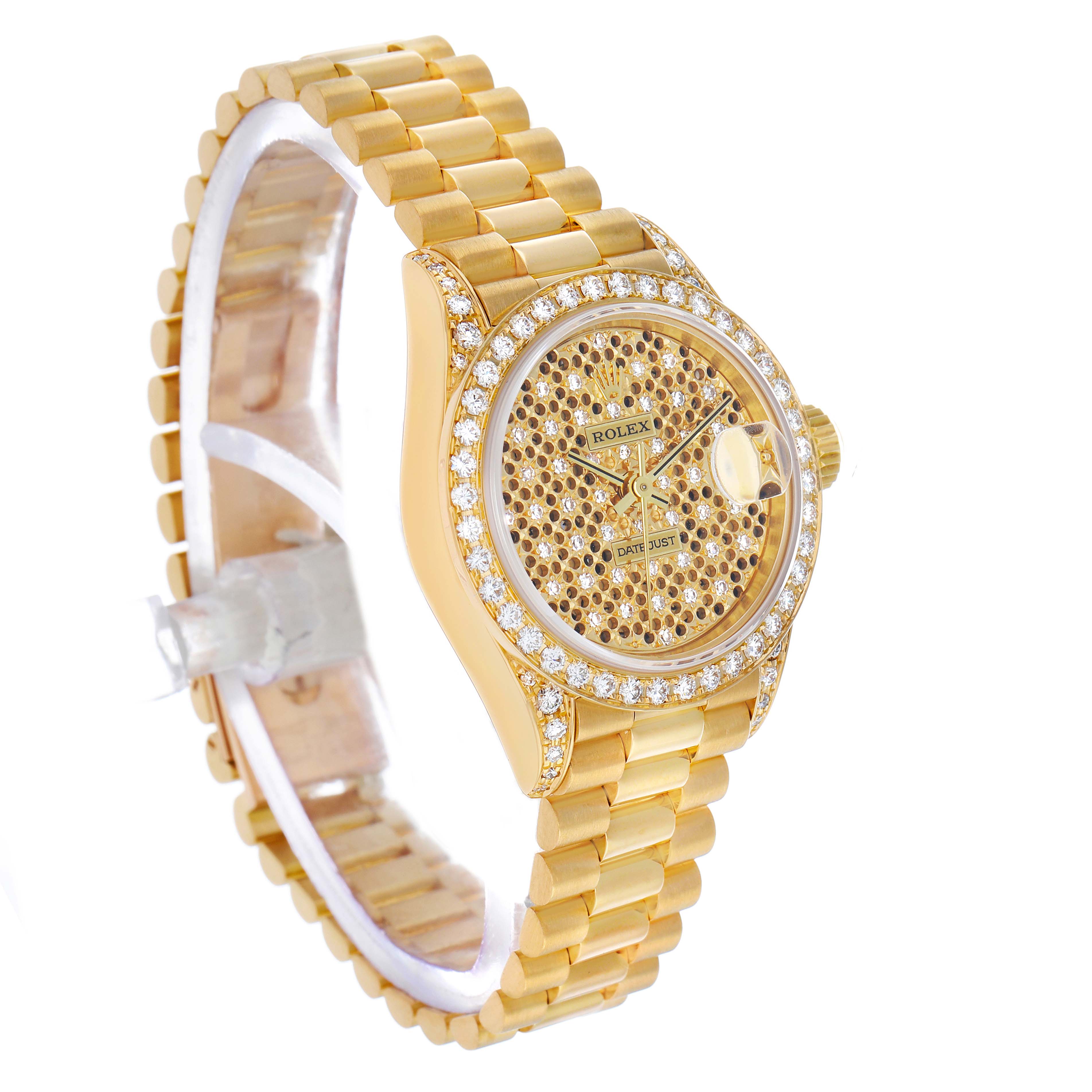 The Rolex President 69158 Women's Yellow Gold Champagne Dial watch is displayed at an angle showing the face, bezel, bracelet, and crown.