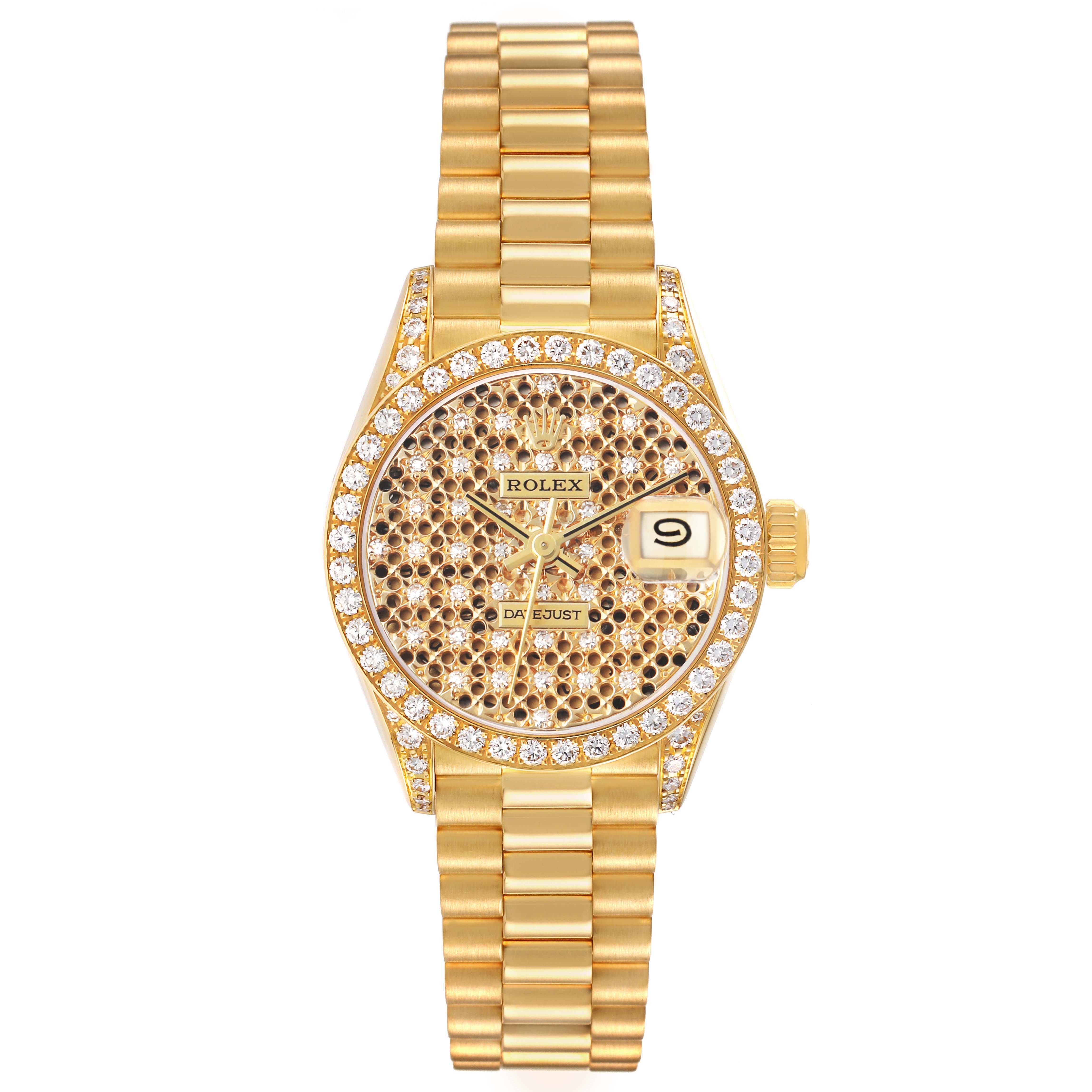 The Rolex President 69158 Women's Yellow Gold Champagne Dial model watch is shown from the front, highlighting the diamond-studded bezel, patterned dial, and gold bracelet.