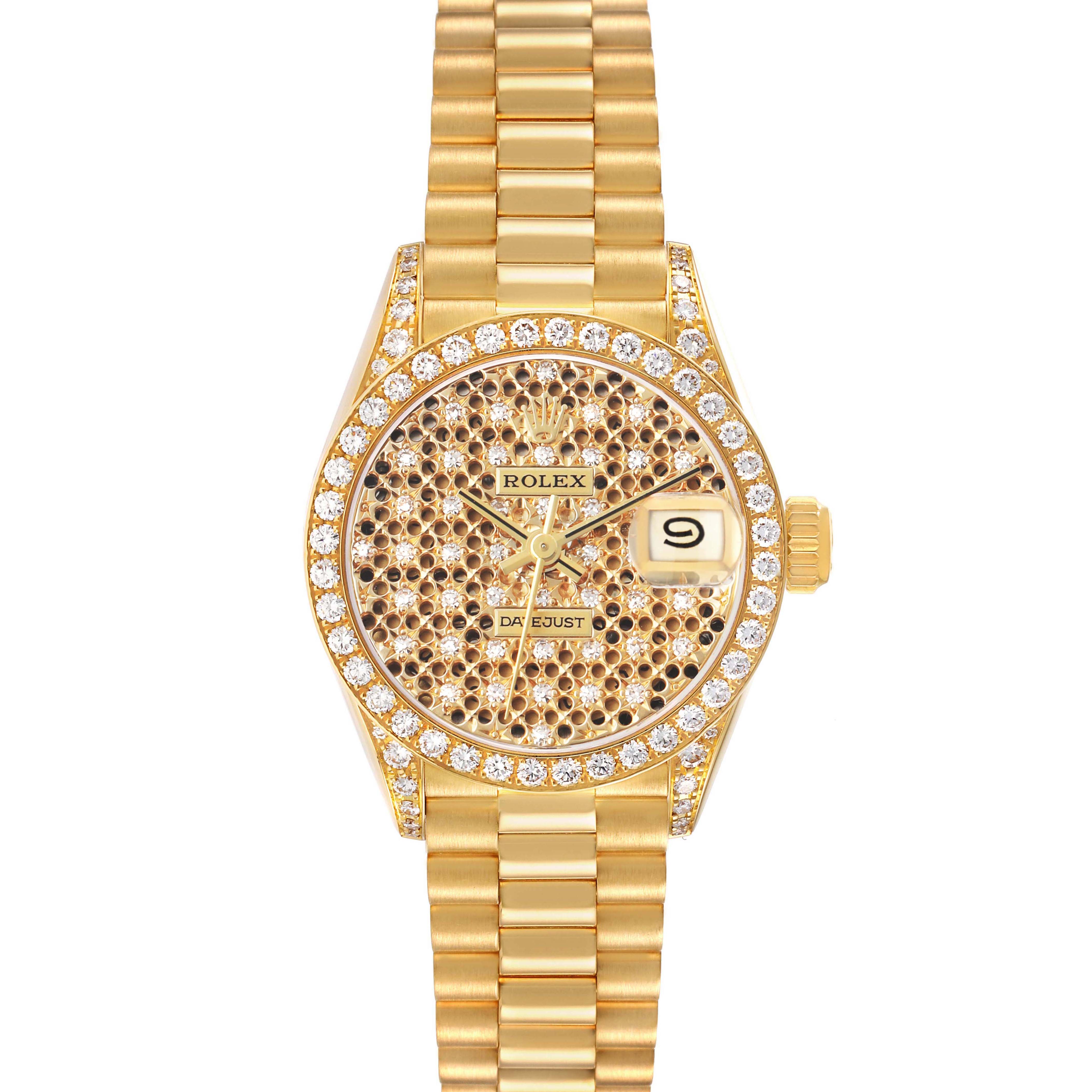 The Rolex President 69158 Women's Yellow Gold Champagne Dial model watch is shown from the front, highlighting the diamond-encrusted bezel, dial, and gold bracelet.