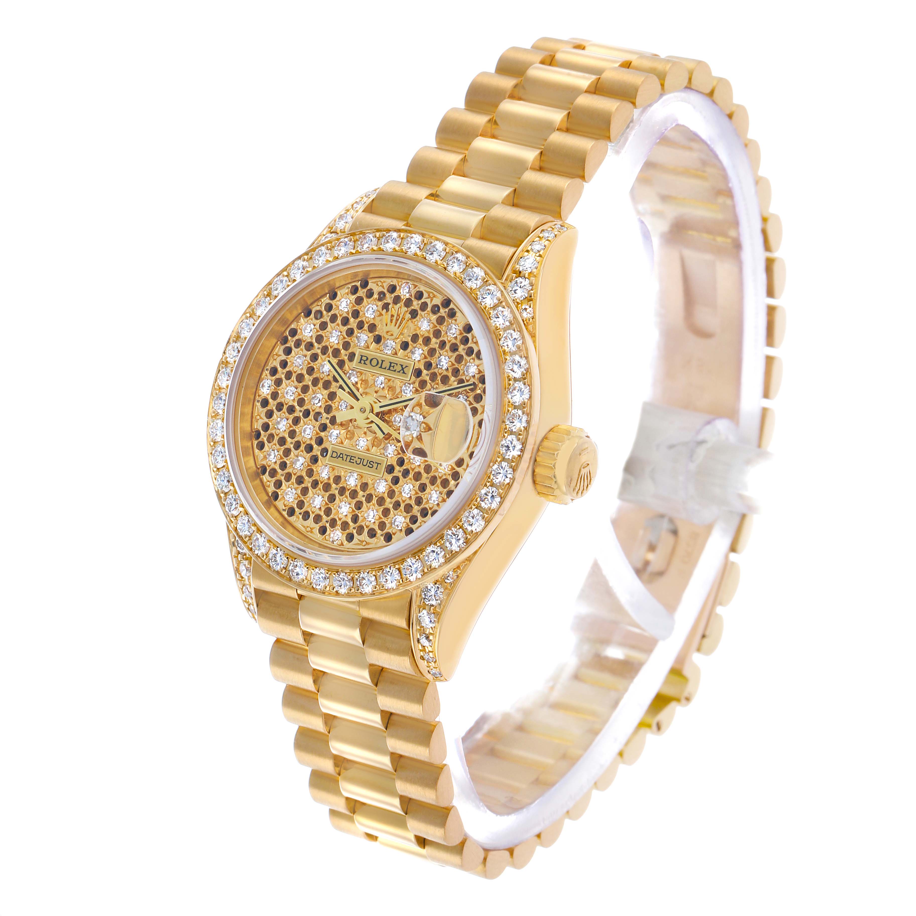 The Rolex President 69158 Women's Yellow Gold Champagne Dial model is shown at a three-quarter angle, highlighting the diamond-studded bezel and bracelet.