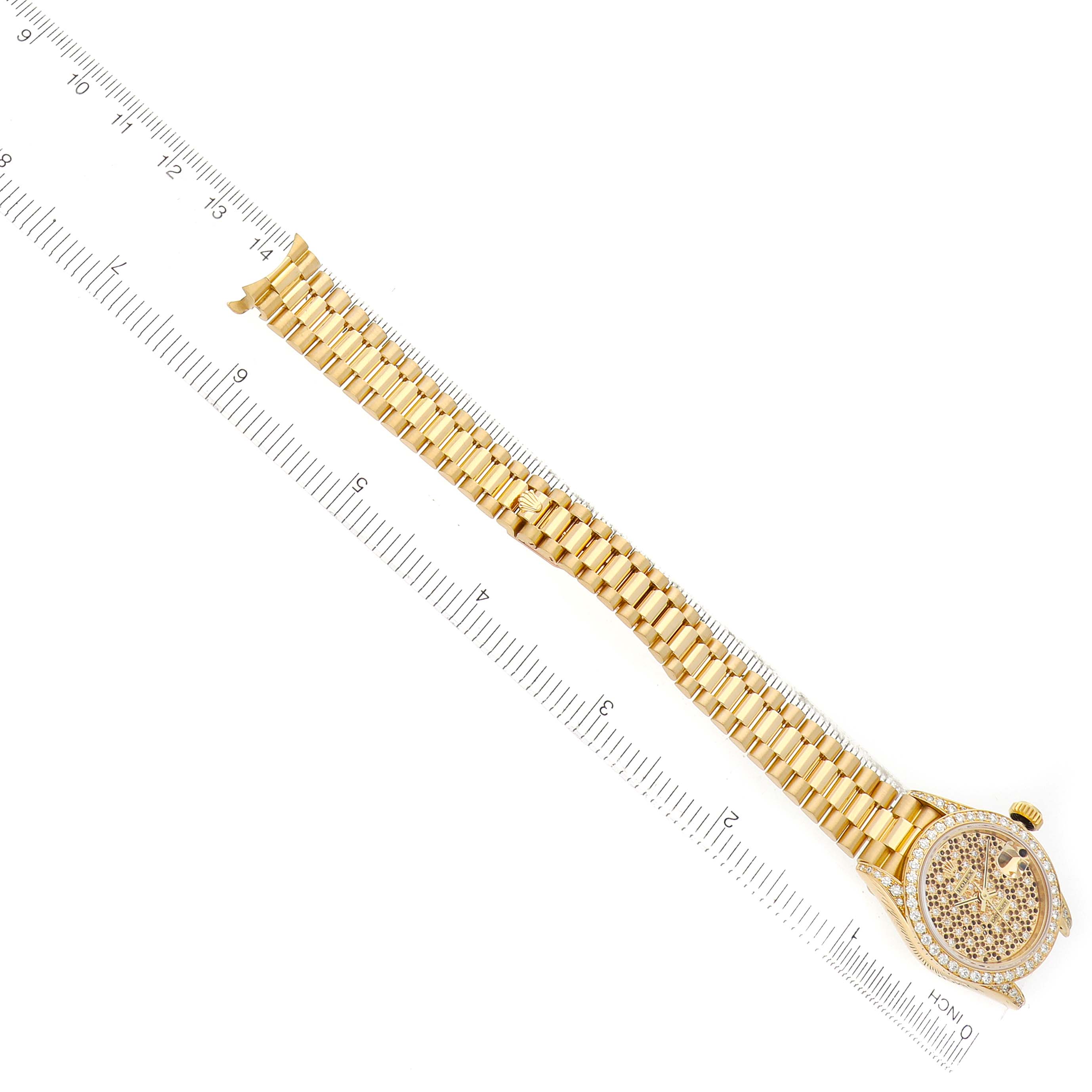 The Rolex President 69158 Women's Yellow Gold Champagne Dial watch is shown from a top view, highlighting the bracelet, face, and bezel.