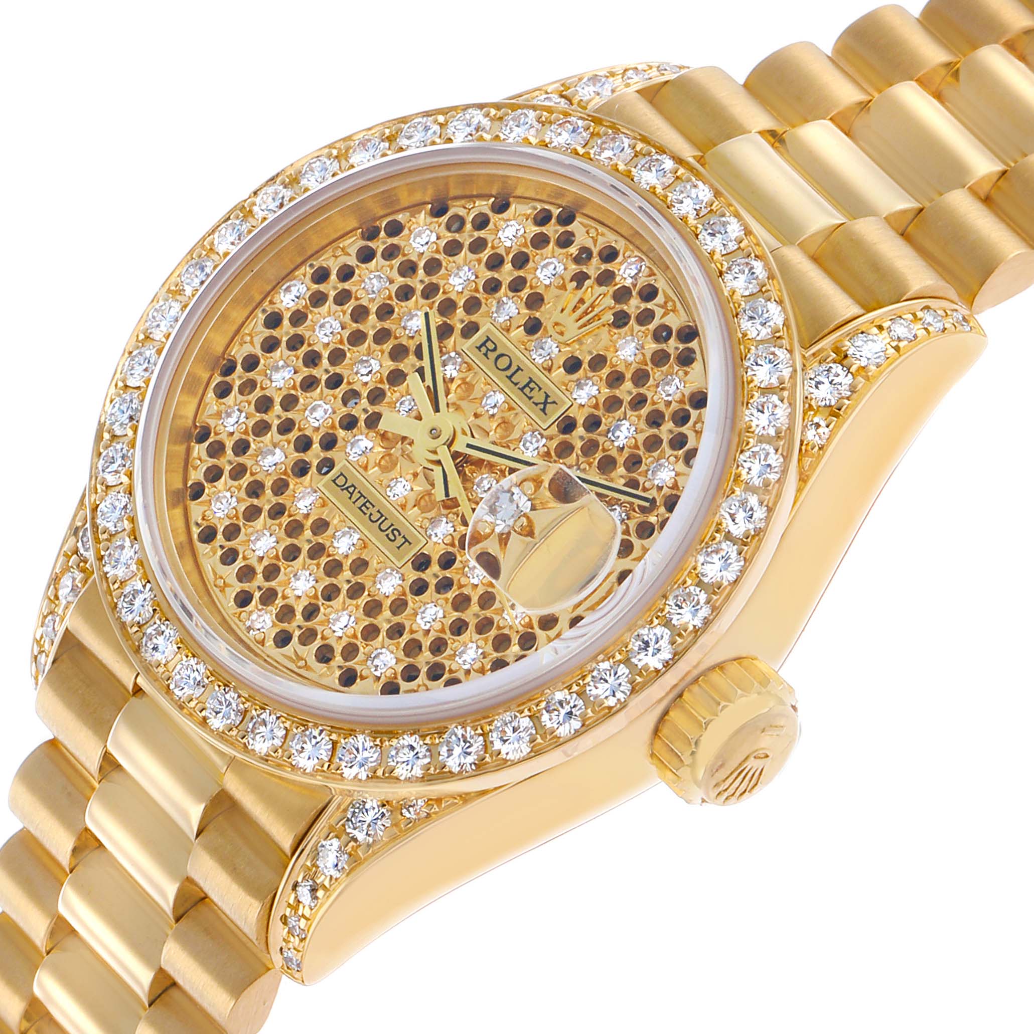 The Rolex President 69158 Women's Yellow Gold Champagne Dial watch is shown at a side angle, highlighting its diamond-encrusted bezel, crown, and part of the bracelet.