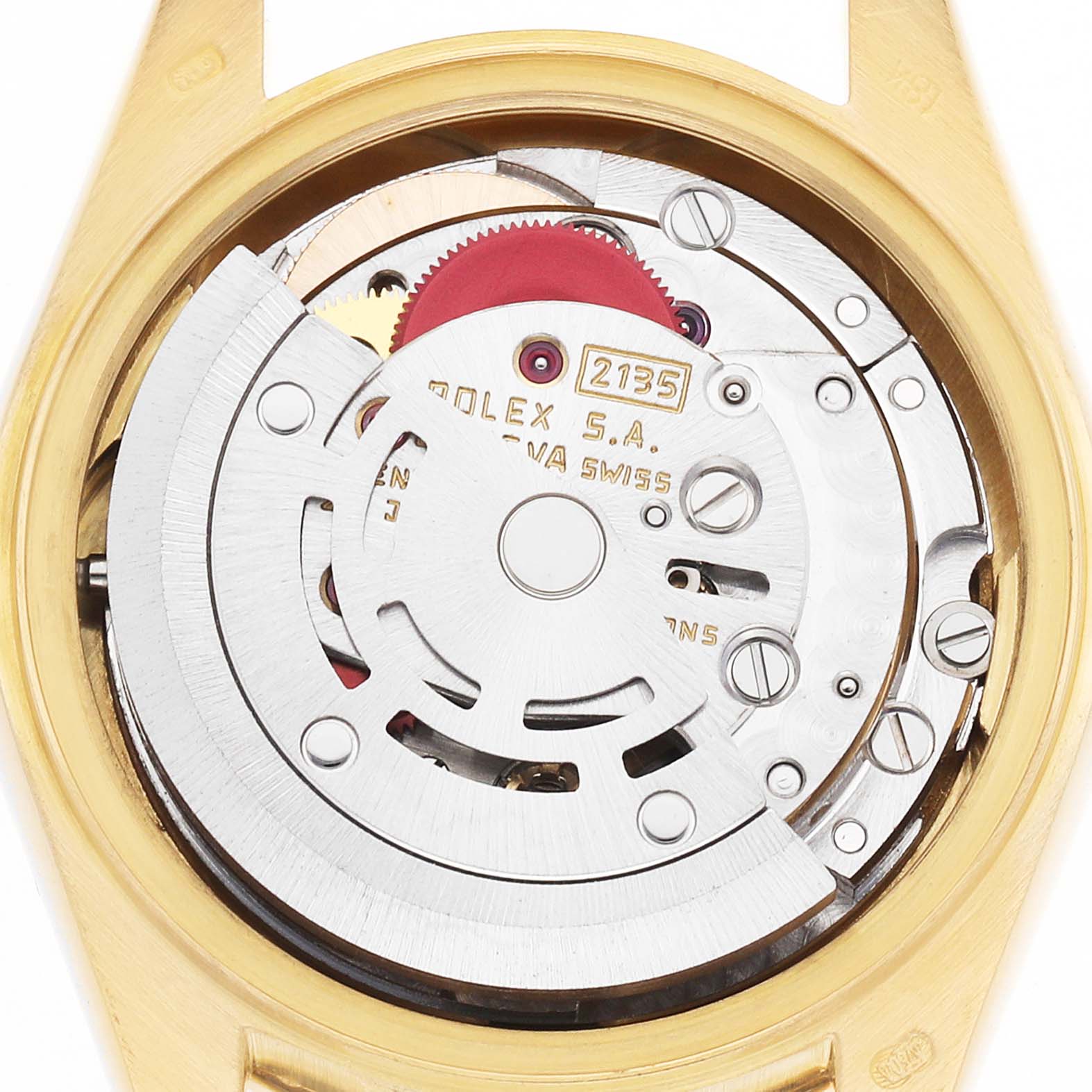 The image shows the movement mechanism of a Rolex President 69158 Women's Yellow Gold Champagne Dial watch, viewed from the back without the case back.