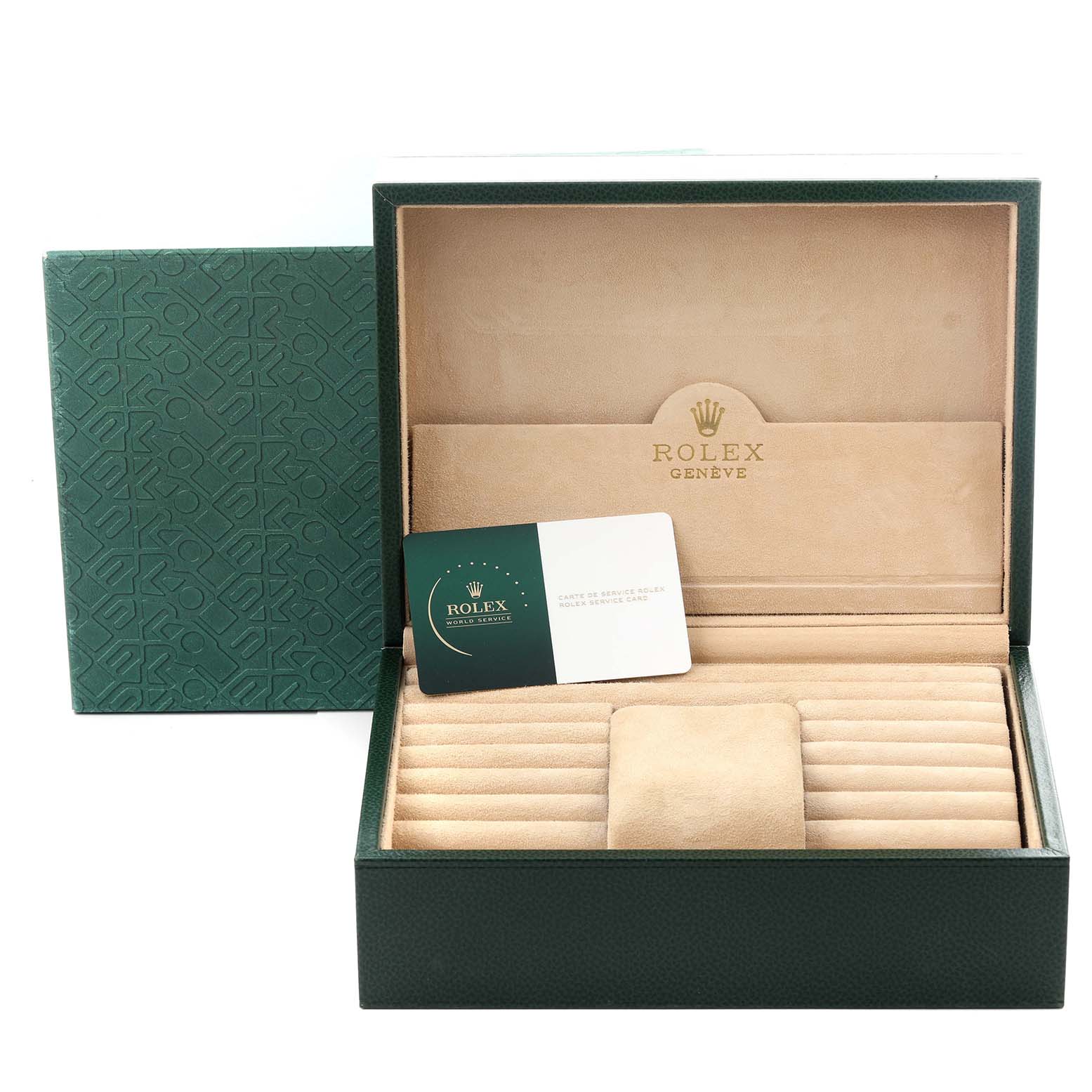 The image shows an open Rolex packaging box for the President model, including a card holder and cushion slots, viewed from the front.
