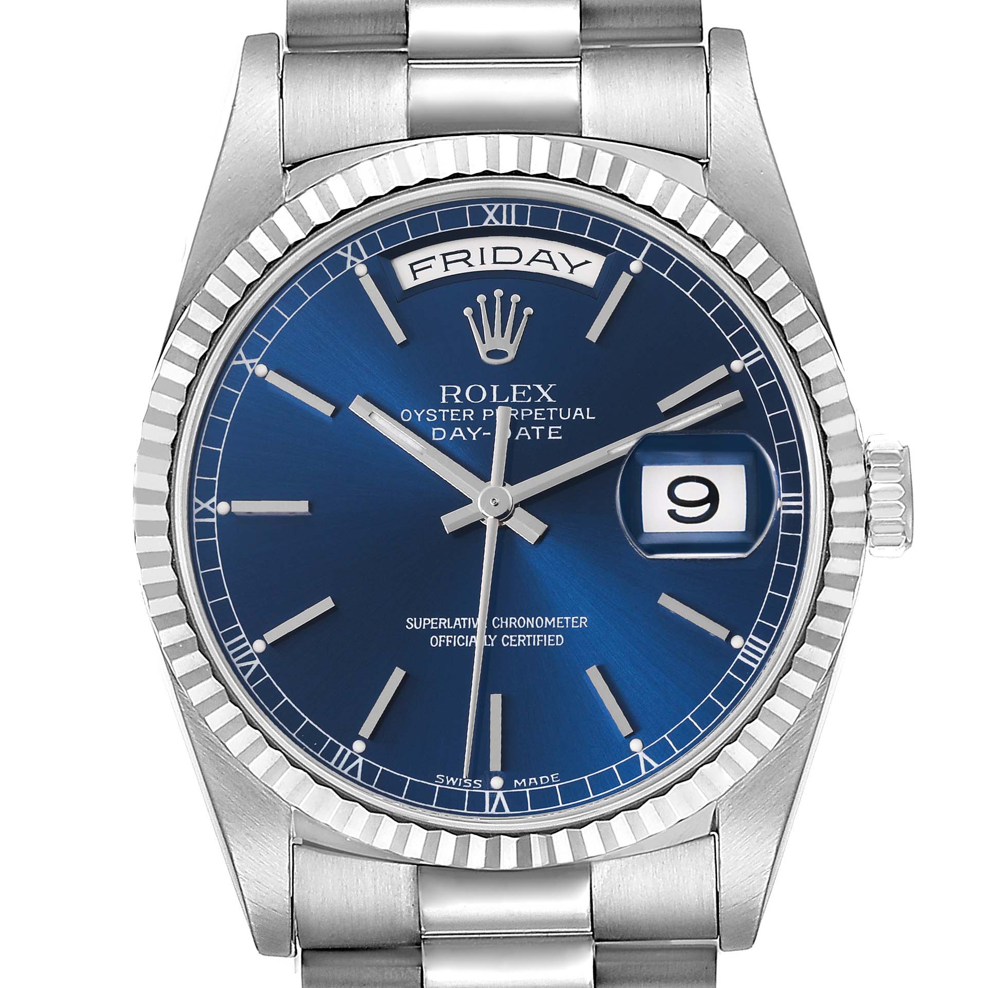 The Rolex President 18239 Men's White Gold Blue Dial 18239 Men's White Gold Blue Dial model watch is shown from the front, highlighting its blue dial, day-date feature, and fluted bezel.