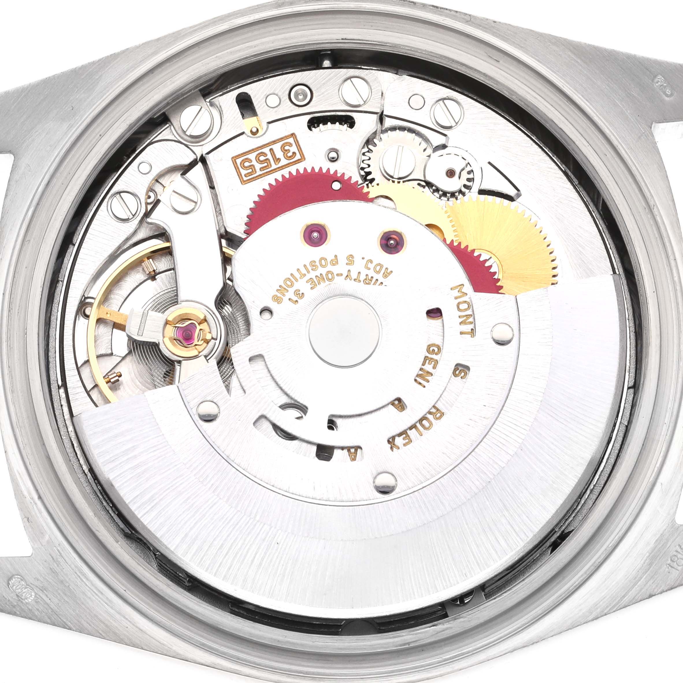 This image shows the inner mechanism of the Rolex President 18239 Men's White Gold Blue Dial 18239 Men's White Gold Blue Dial model from a top-down angle.