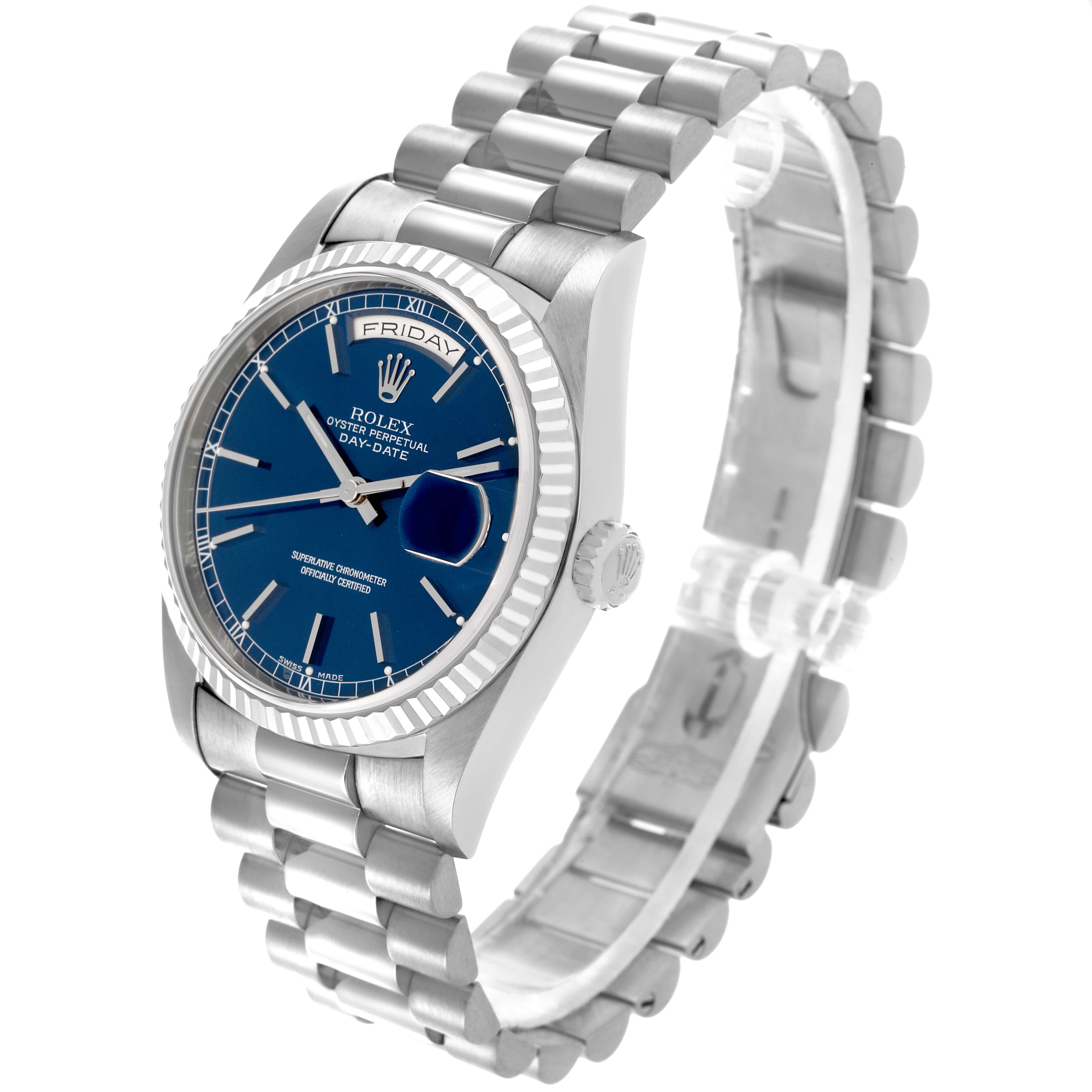 The Rolex President 18239 Men's White Gold Blue Dial 18239 Men's White Gold Blue Dial model is shown at a three-quarter angle, displaying the face, bezel, and bracelet.