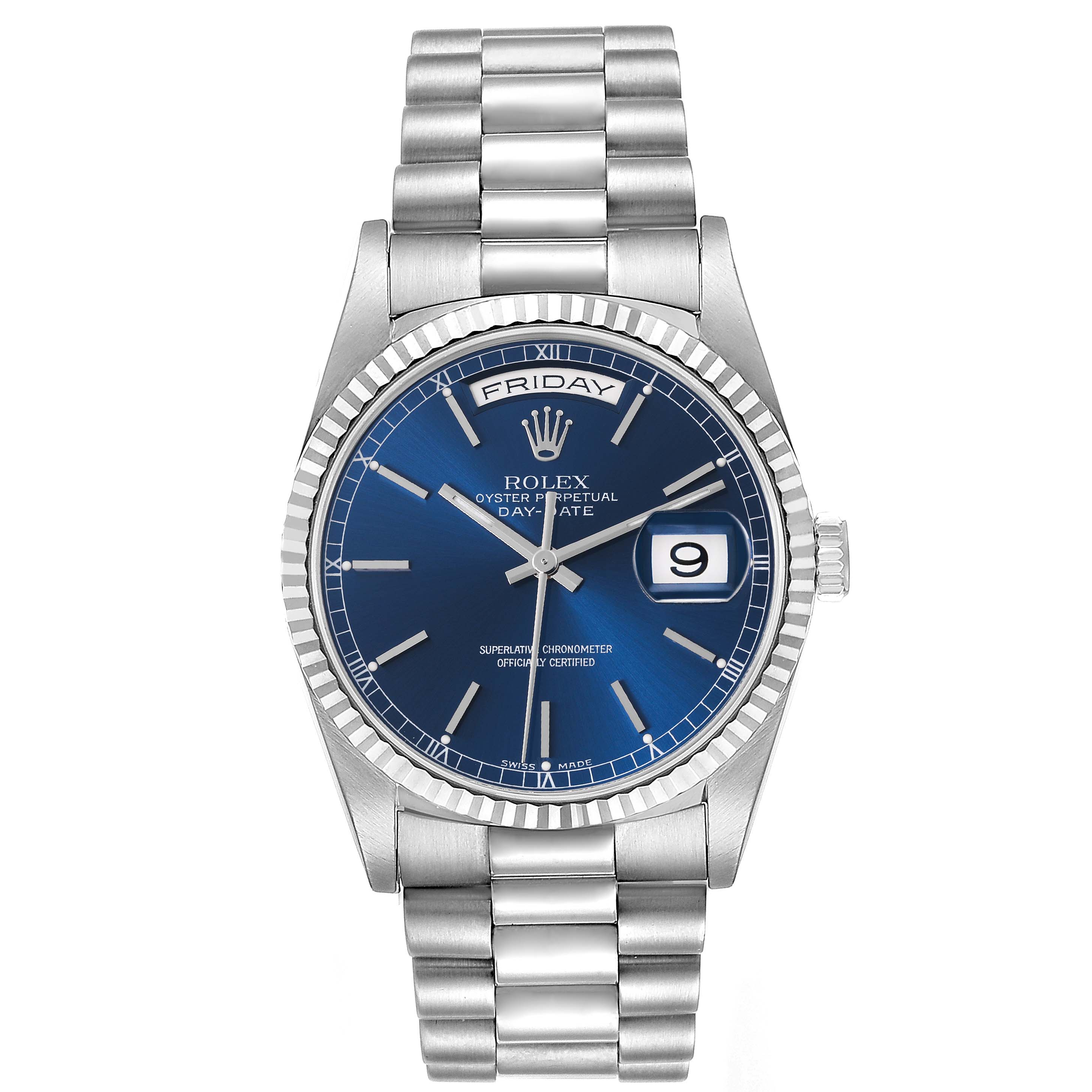 The Rolex President 18239 Men's White Gold Blue Dial 18239 Men's White Gold Blue Dial model watch is shown from the front, highlighting its blue dial and metal bracelet.