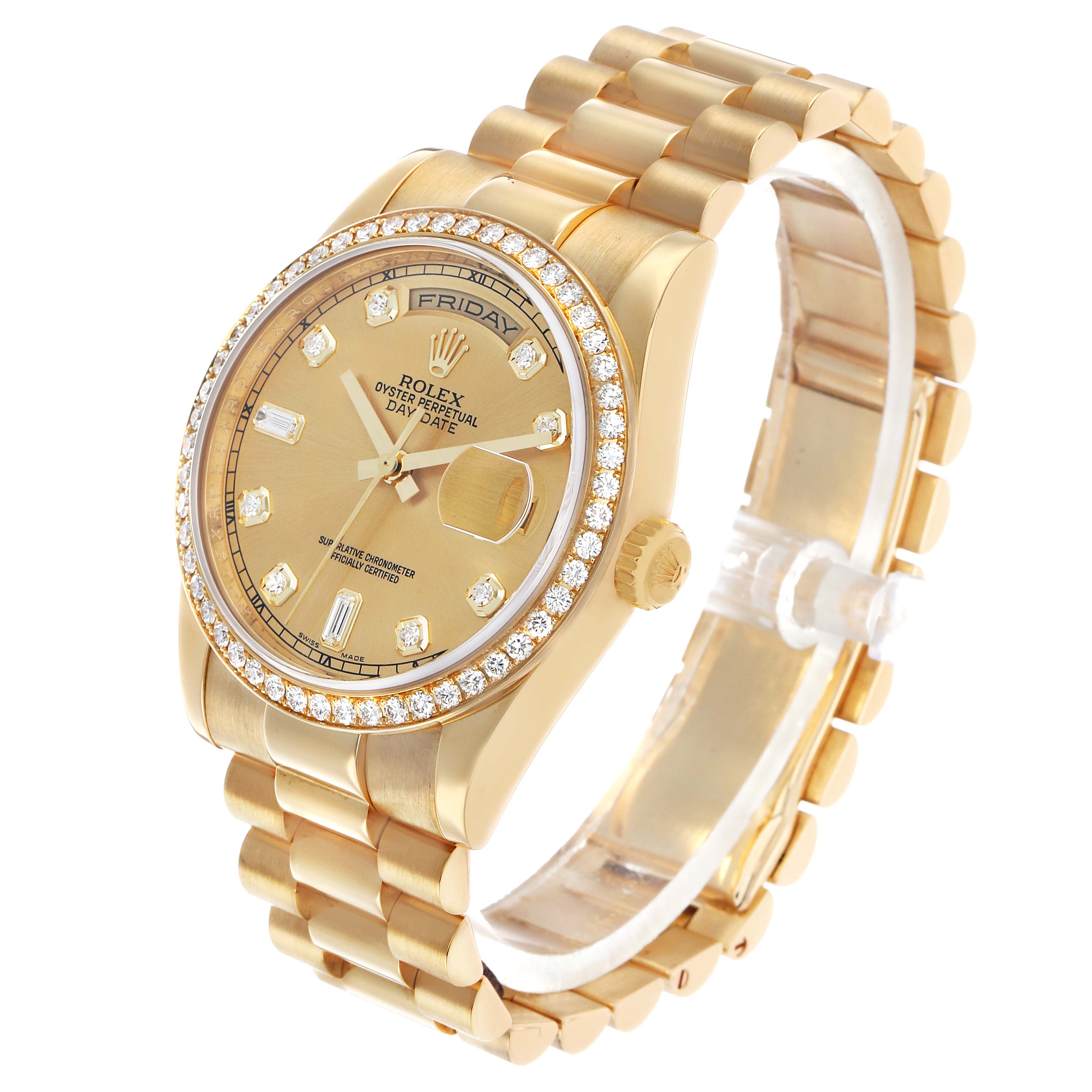 The Rolex President 118348 Men's Yellow Gold Champagne Dial model is shown at a three-quarter angle, highlighting the face, bezel, and bracelet.
