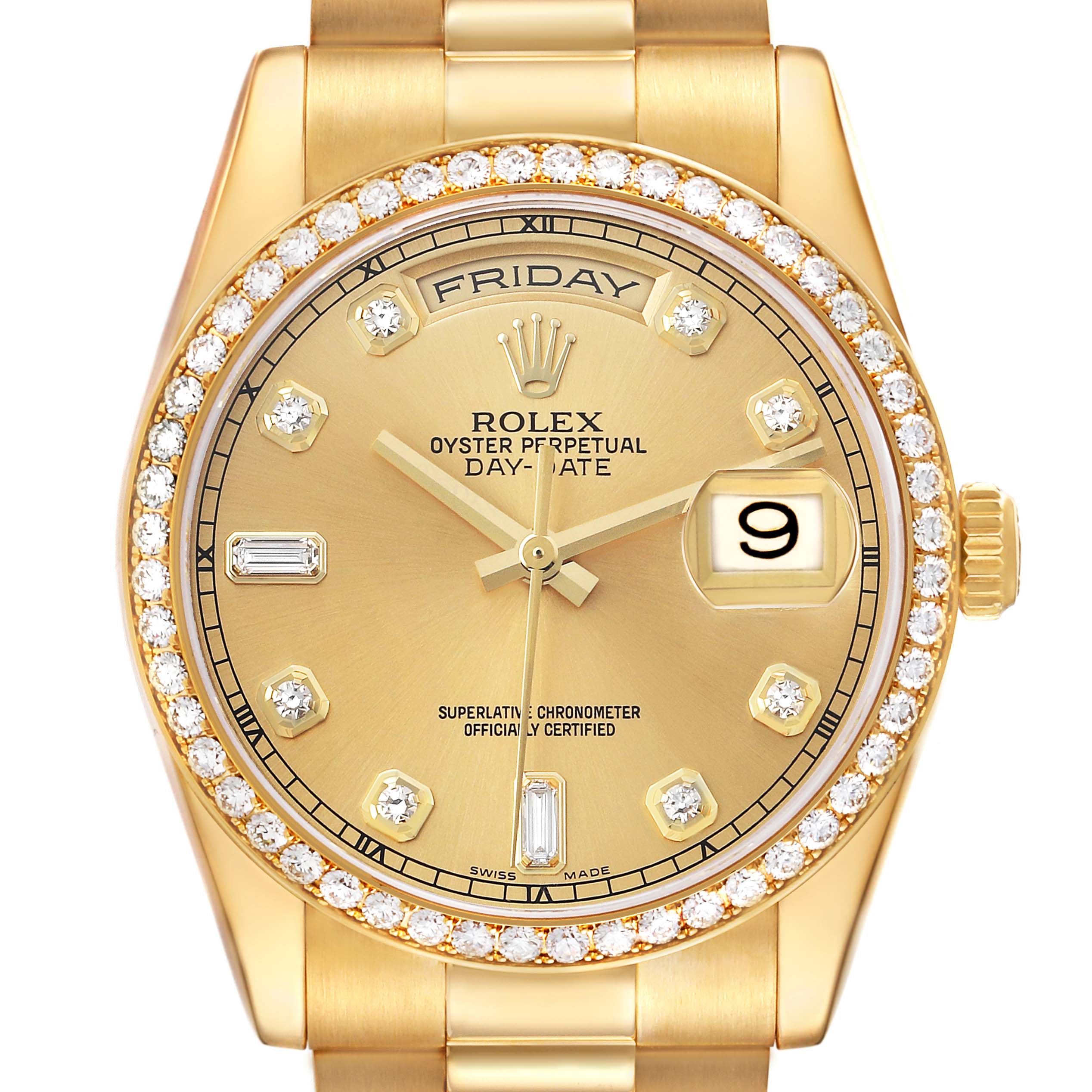 The Rolex President 118348 Men's Yellow Gold Champagne Dial Day-Date watch is shown from the front, highlighting the face, bezel, and part of the bracelet.