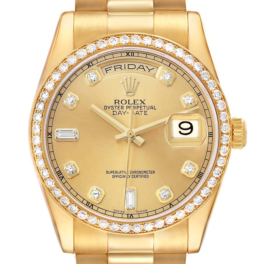 The Rolex President 118348 Men's Yellow Gold Champagne Dial Day-Date watch is shown from the front, highlighting the face, bezel, and part of the bracelet.