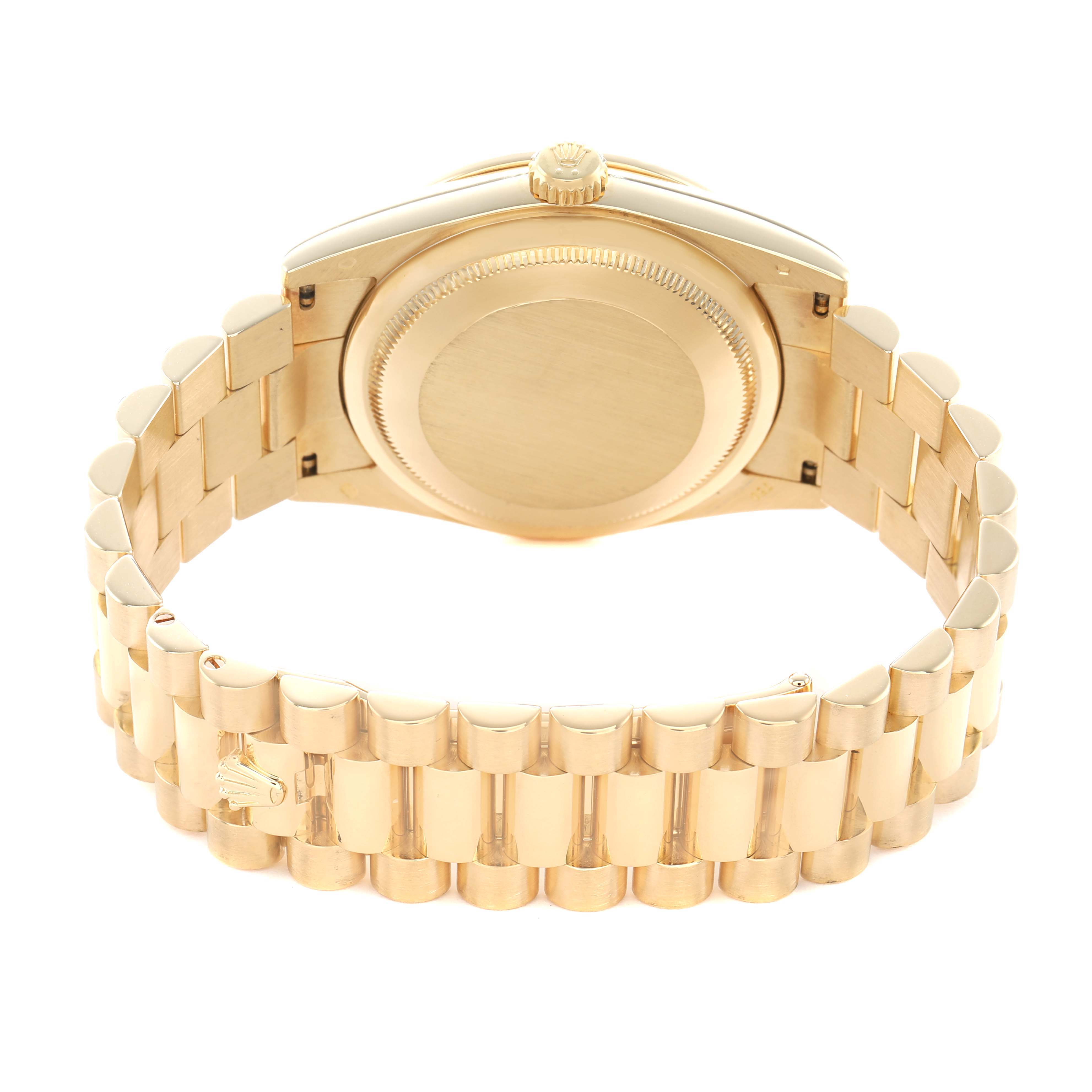 The image shows the back and bracelet of a Rolex President 118348 Men's Yellow Gold Champagne Dial model watch, highlighting the gold case and band links.