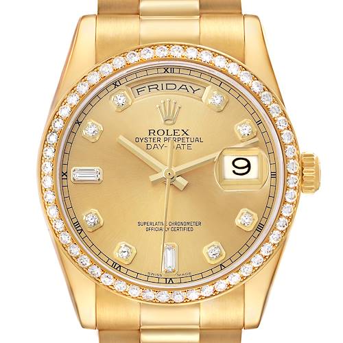 The image shows a front view of a Rolex President 118348 Men's Yellow Gold Champagne Dial model, highlighting its gold dial, diamond bezel, and day-date features.