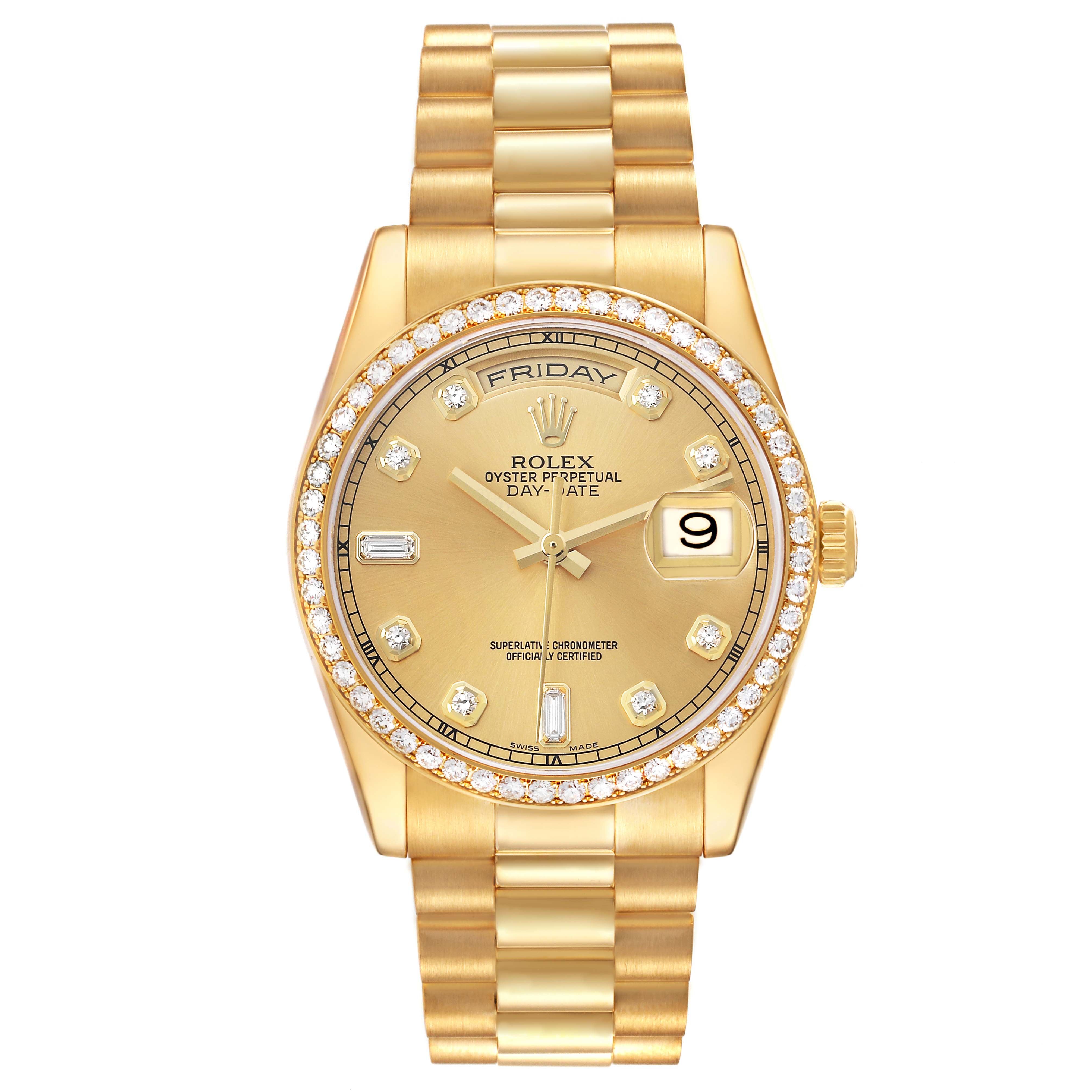 The Rolex President 118348 Men's Yellow Gold Champagne Dial model is shown from a top-down angle, highlighting the face, bezel, and bracelet.