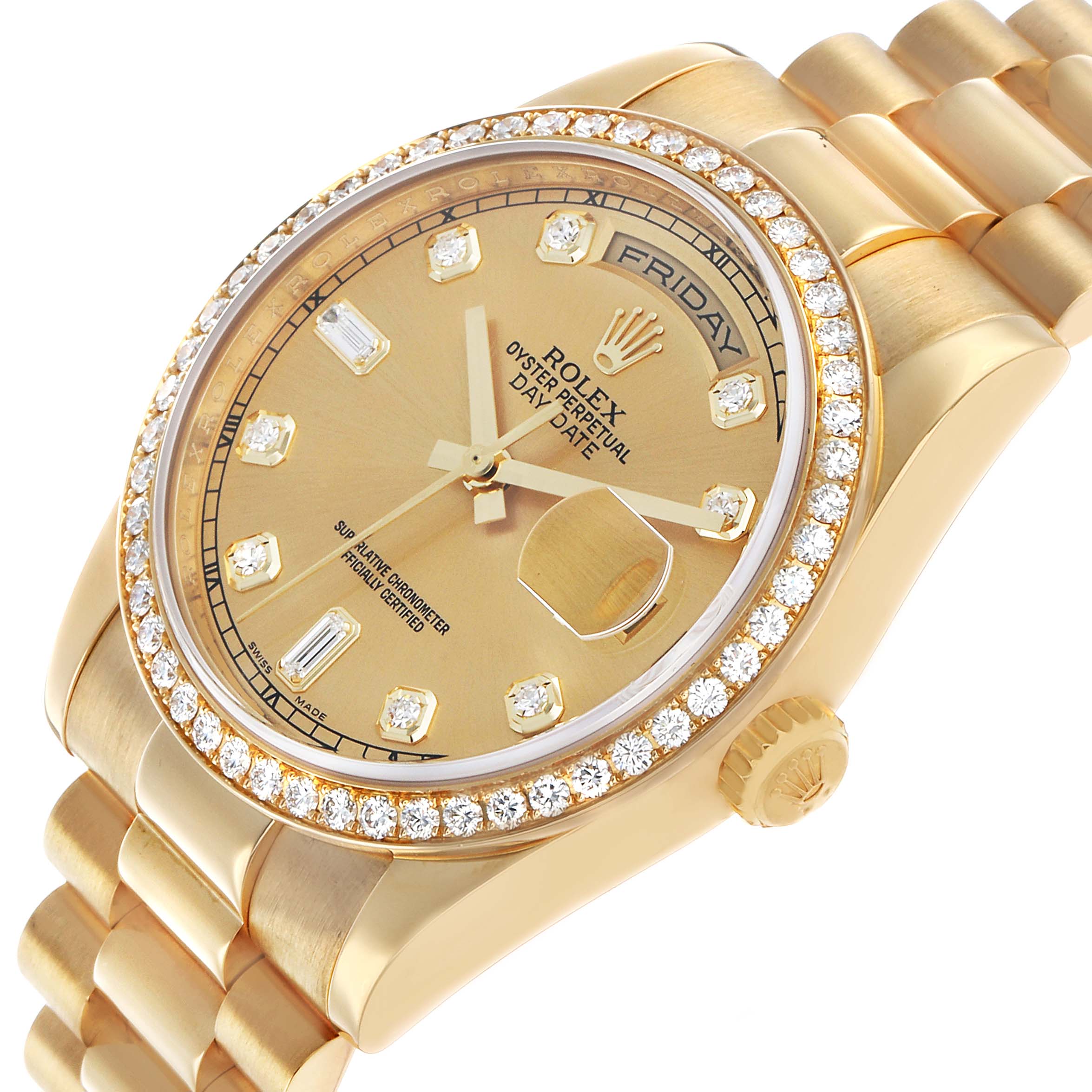 The Rolex President 118348 Men's Yellow Gold Champagne Dial model is shown at an angled side view, highlighting the dial, bezel, and bracelet.