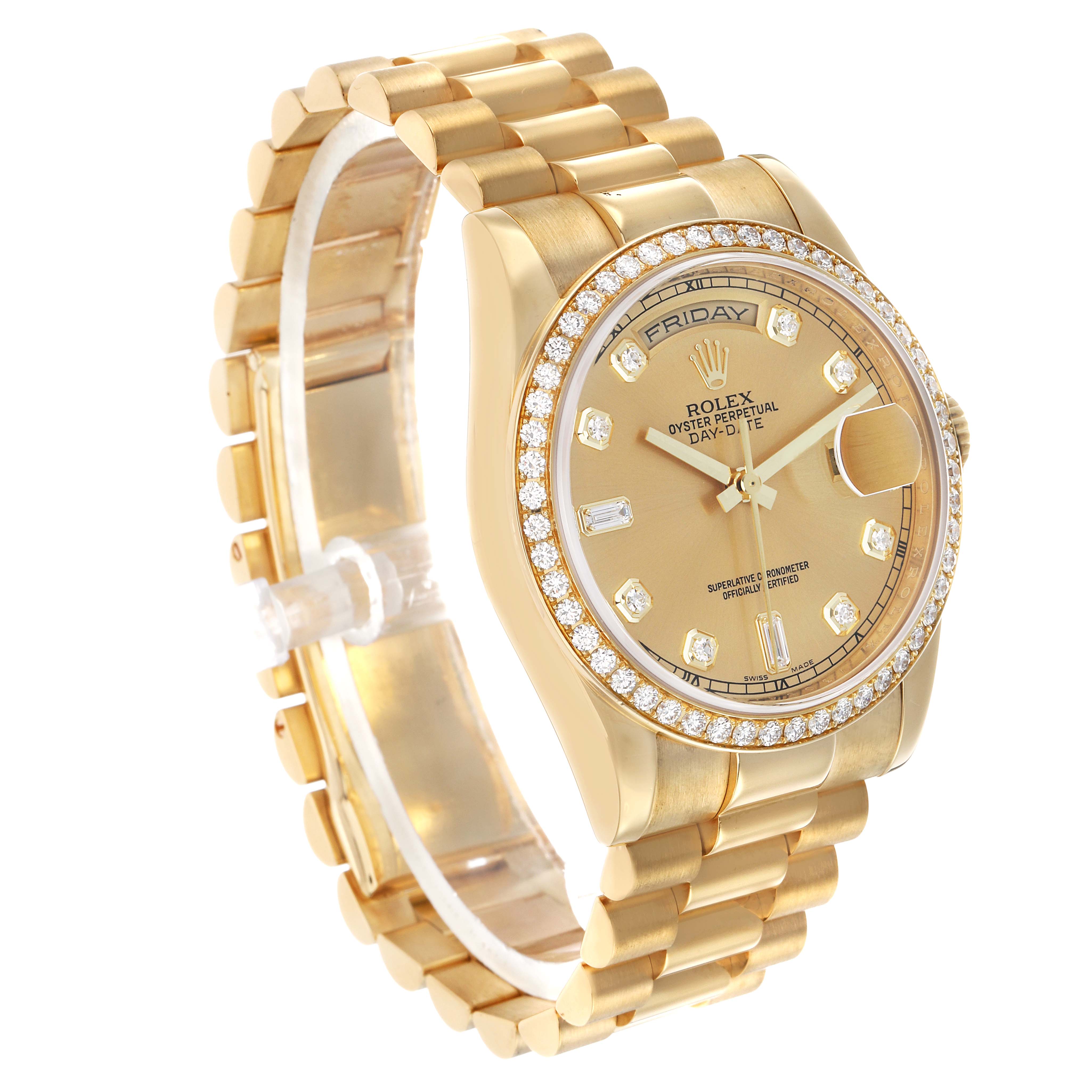 The Rolex President 118348 Men's Yellow Gold Champagne Dial model watch is shown at a slight angle displaying the gold bracelet, diamond-set bezel, and detailed face.