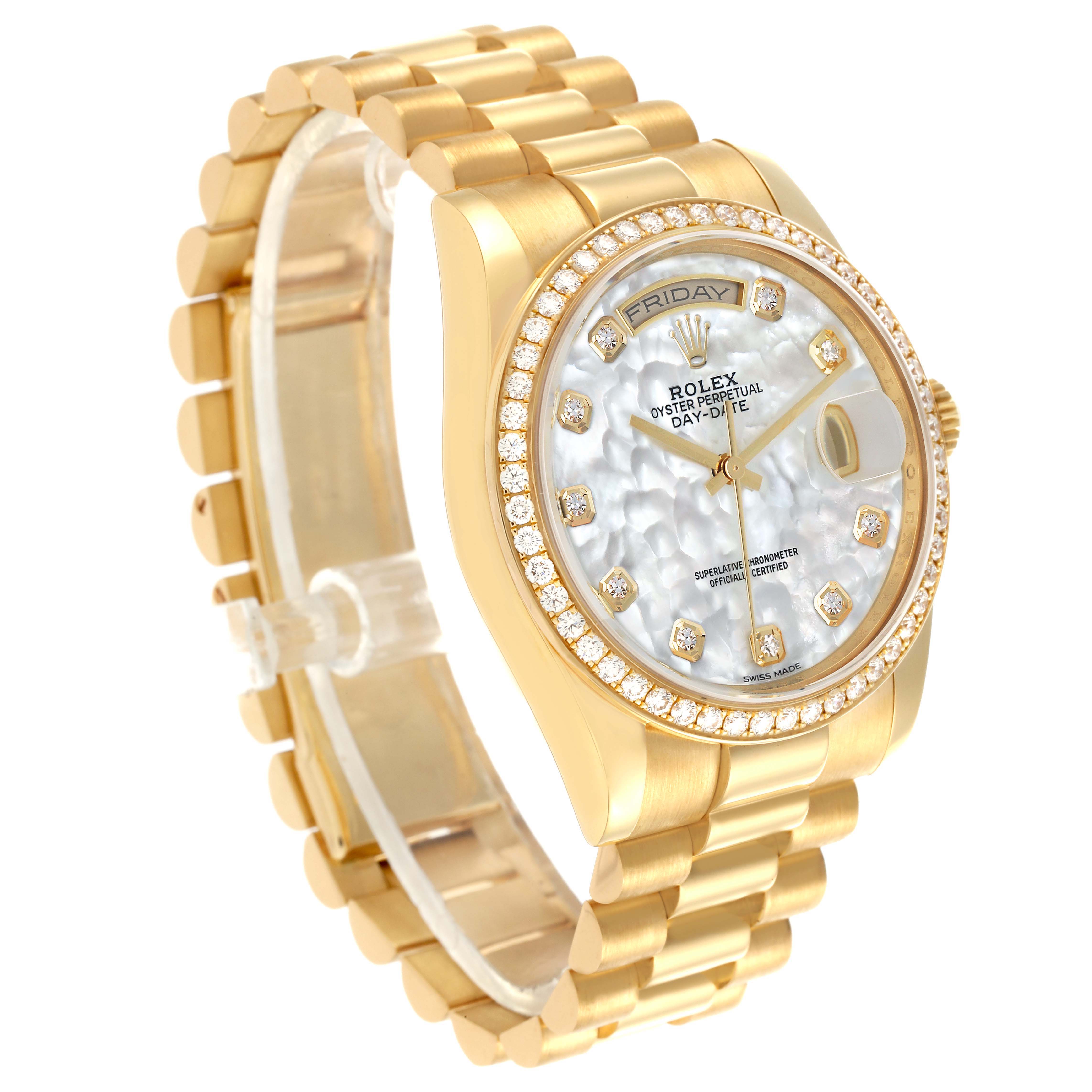 The Rolex President 118348 Men's Yellow Gold Mother of Pearl Dial watch is shown at a three-quarter angle, highlighting its gold case, bracelet, and diamond-set bezel and markers.