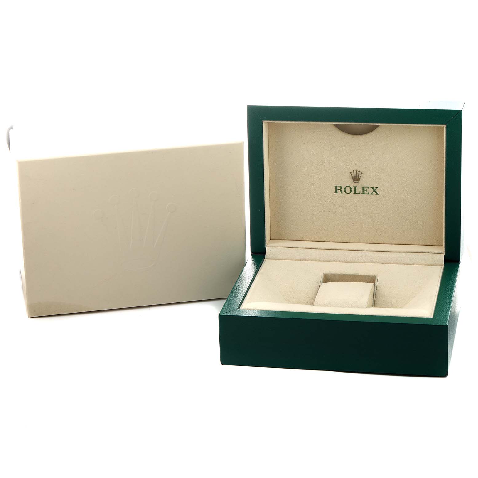 The image shows an open Rolex President 118348 Men's Yellow Gold Mother of Pearl Dial watch box and a dust cover from a frontal angle.