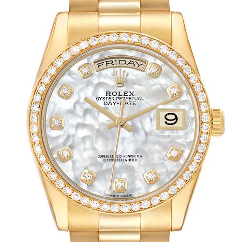 The Rolex President 118348 Men's Yellow Gold Mother of Pearl Dial model is shown from the front, displaying its gold case, diamond bezel, and pearl-like dial with a date and day window.
