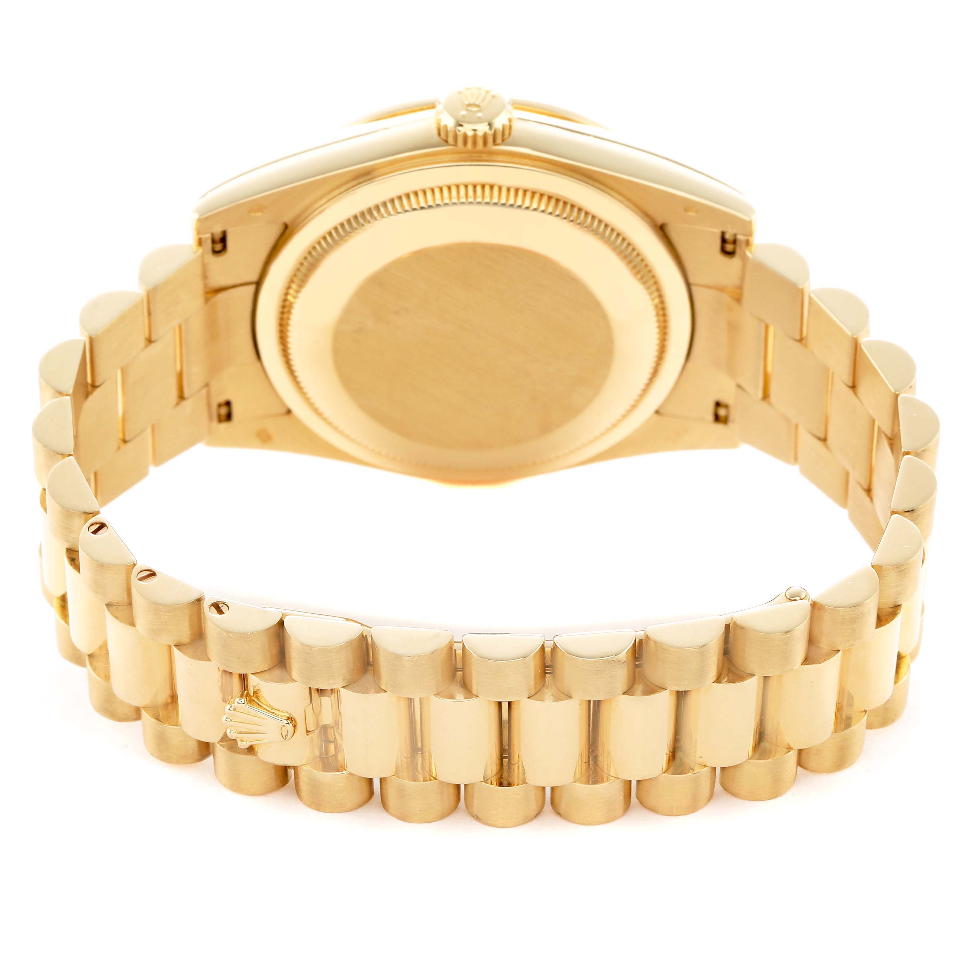 This image shows the back case and bracelet of a Rolex President 118348 Men's Yellow Gold Mother of Pearl Dial model watch from a rear angle.