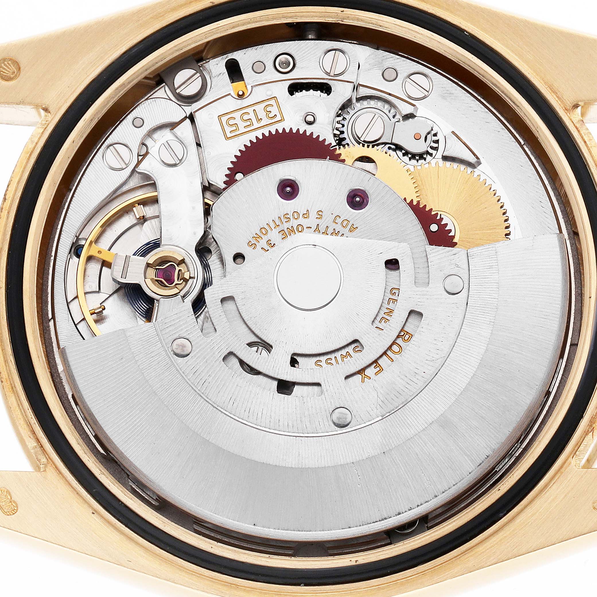 The image shows the movement of a Rolex President 118348 Men's Yellow Gold Mother of Pearl Dial watch, highlighting gears and mechanisms from a back angle.