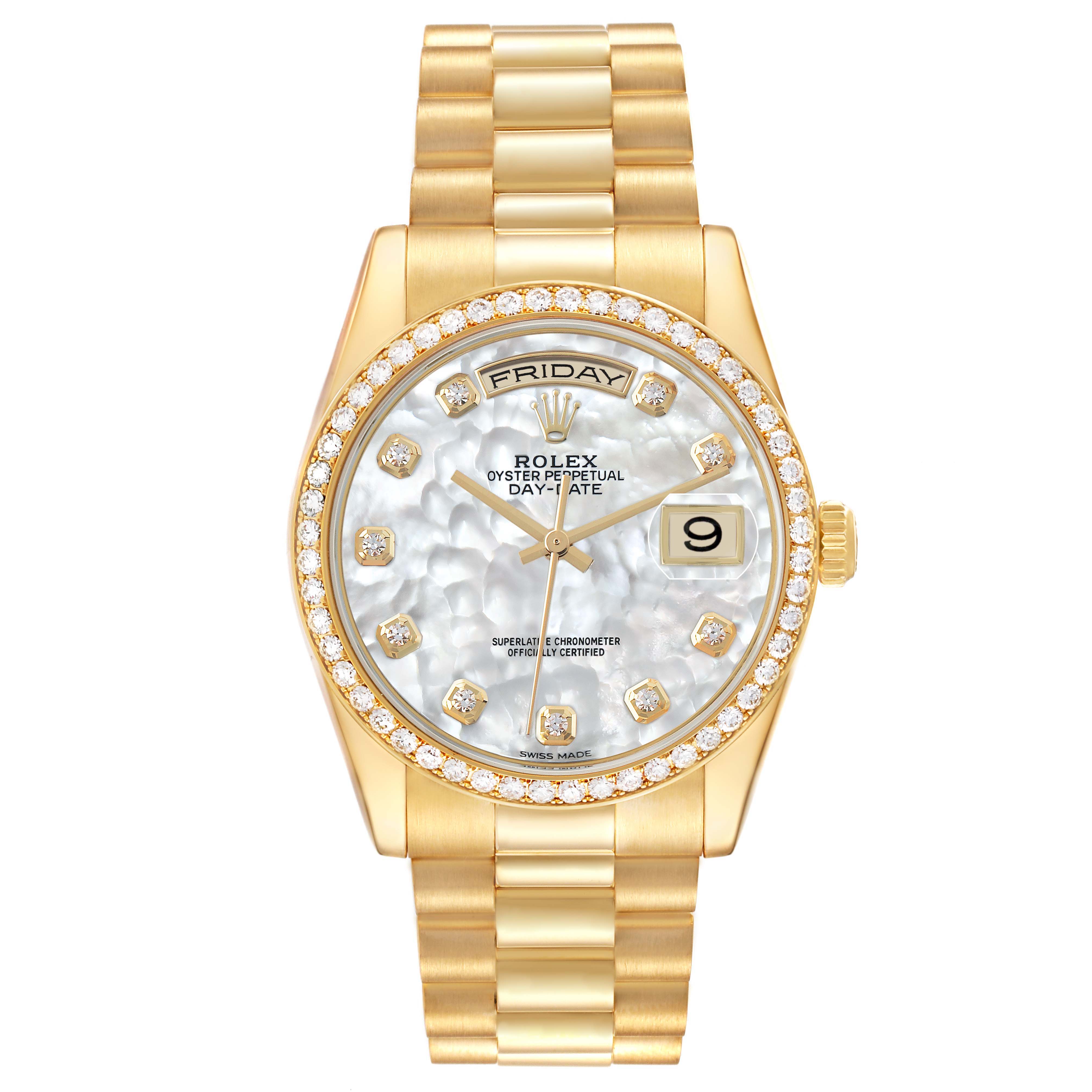 The Rolex President 118348 Men's Yellow Gold Mother of Pearl Dial model is shown from a front angle, displaying its gold bracelet, diamond bezel, and mother-of-pearl dial.