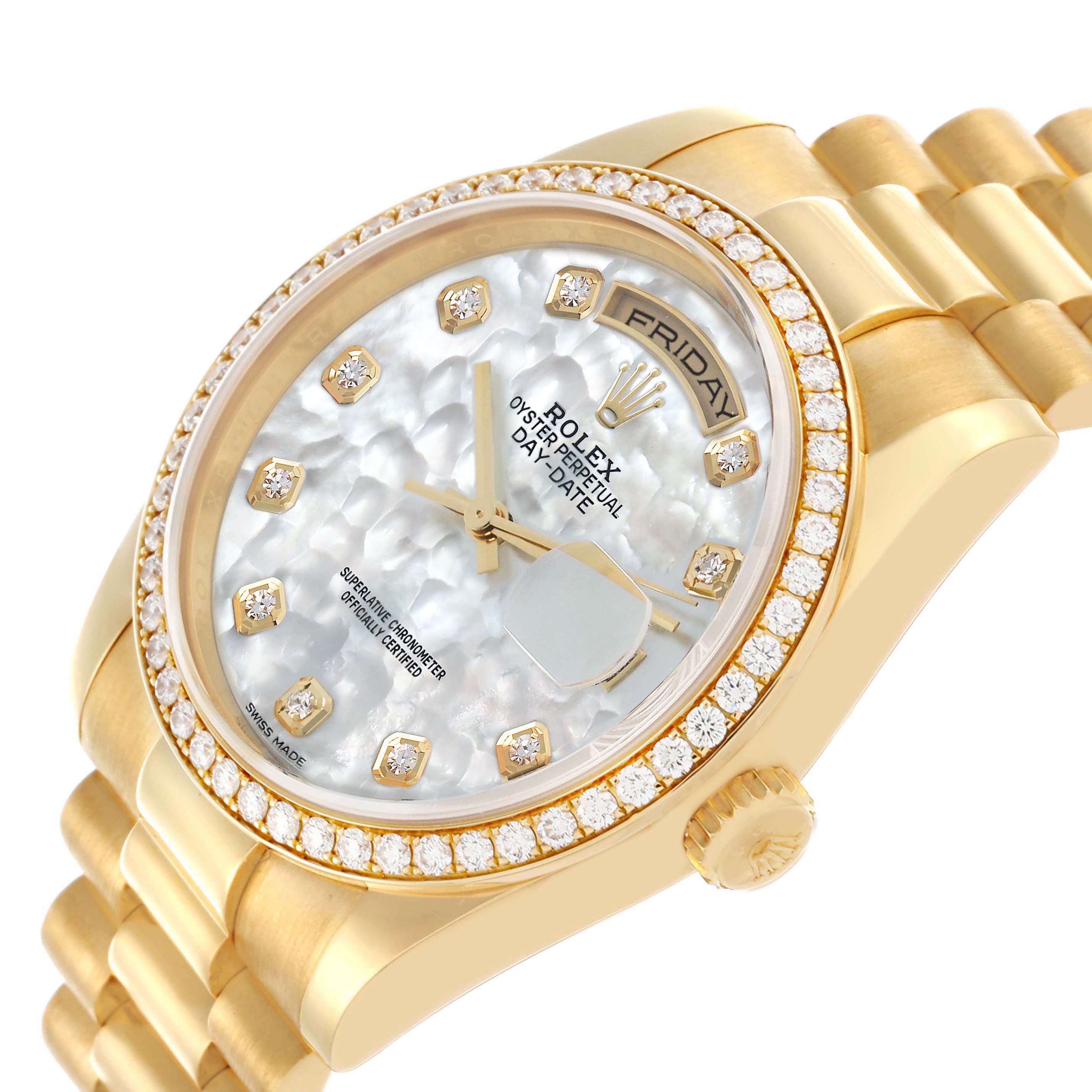 The Rolex President 118348 Men's Yellow Gold Mother of Pearl Dial model watch is shown from an angled top view, highlighting its diamond bezel, mother-of-pearl dial, and bracelet.