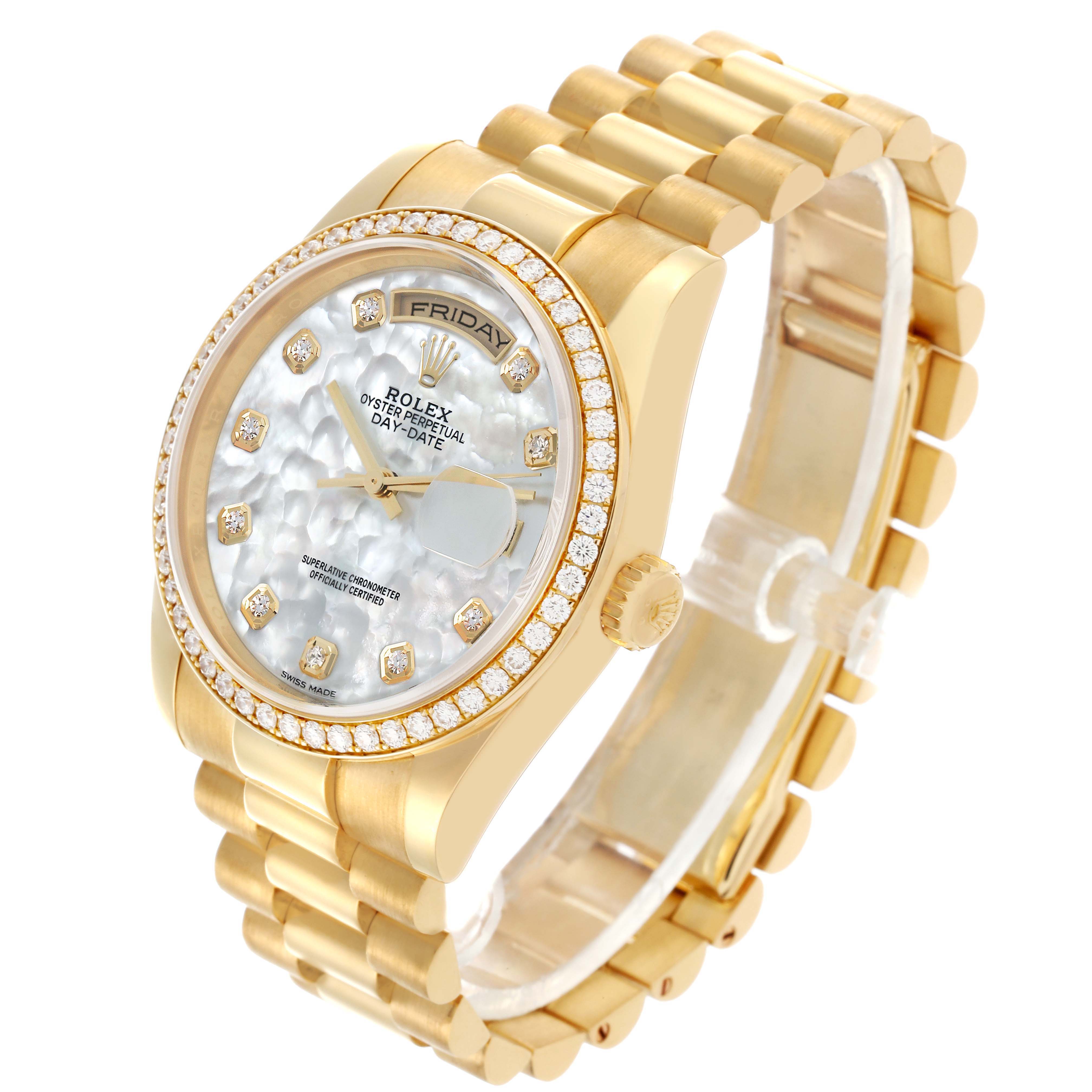 The Rolex President 118348 Men's Yellow Gold Mother of Pearl Dial model is shown at a three-quarter angle, displaying the face, bracelet, and bezel.