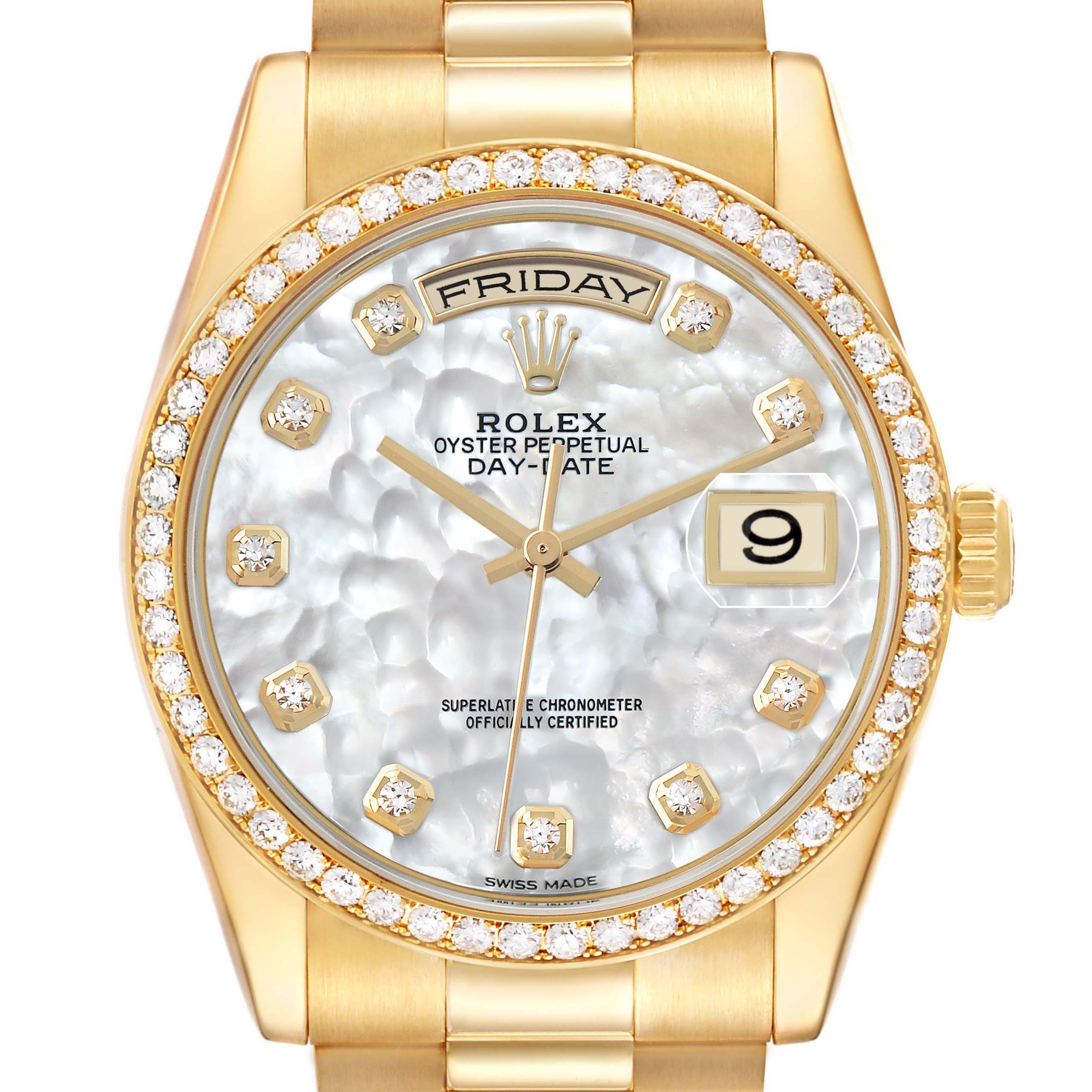 The Rolex President 118348 Men's Yellow Gold Mother of Pearl Dial watch is shown from the front, displaying the face, bezel, crown, and part of the bracelet.