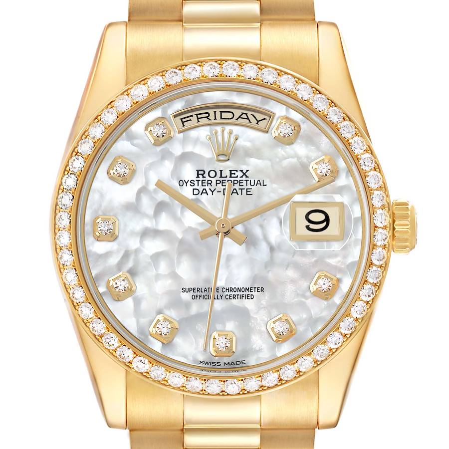 The Rolex President 118348 Men's Yellow Gold Mother of Pearl Dial watch is shown from the front, displaying the face, bezel, crown, and part of the bracelet.