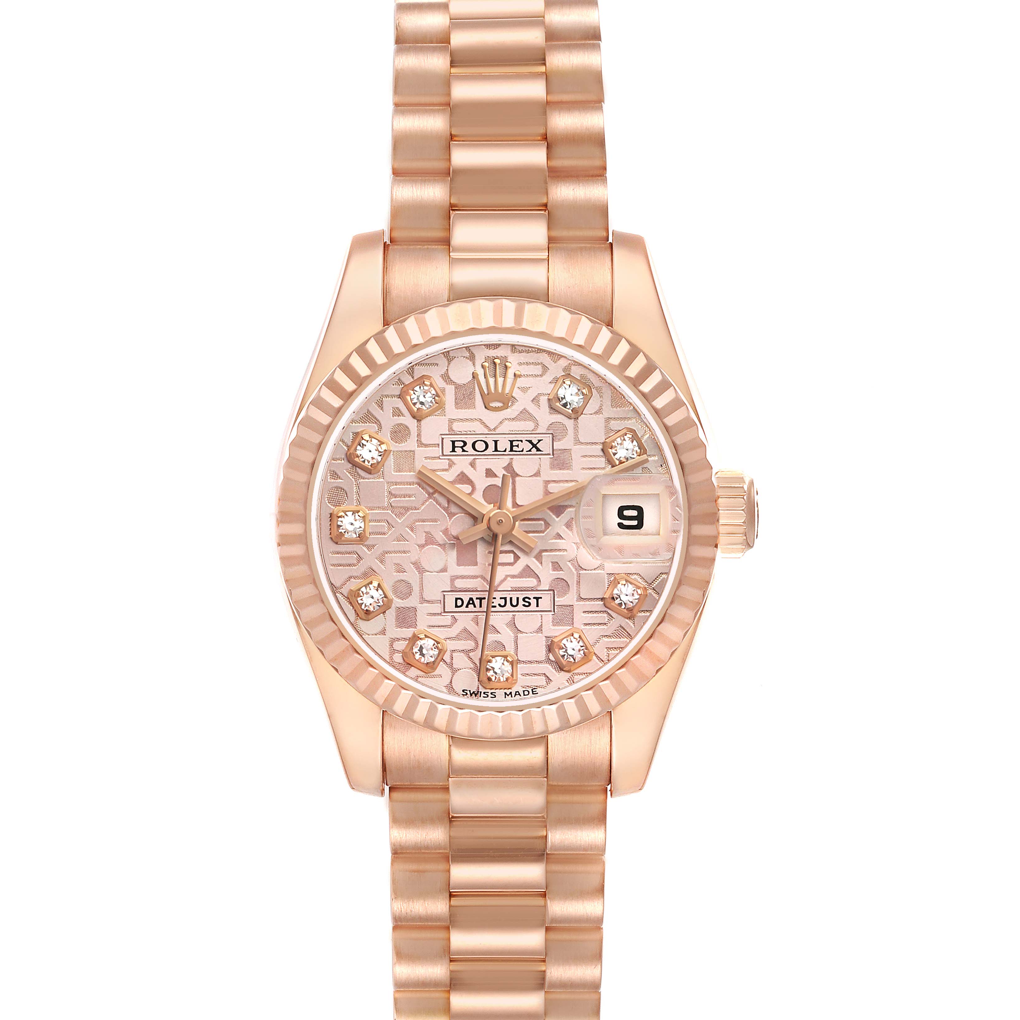 The Rolex President 179175 Women's Rose Gold Pink Dial model watch is shown from a front angle, displaying the bracelet, bezel, dial, and date window.