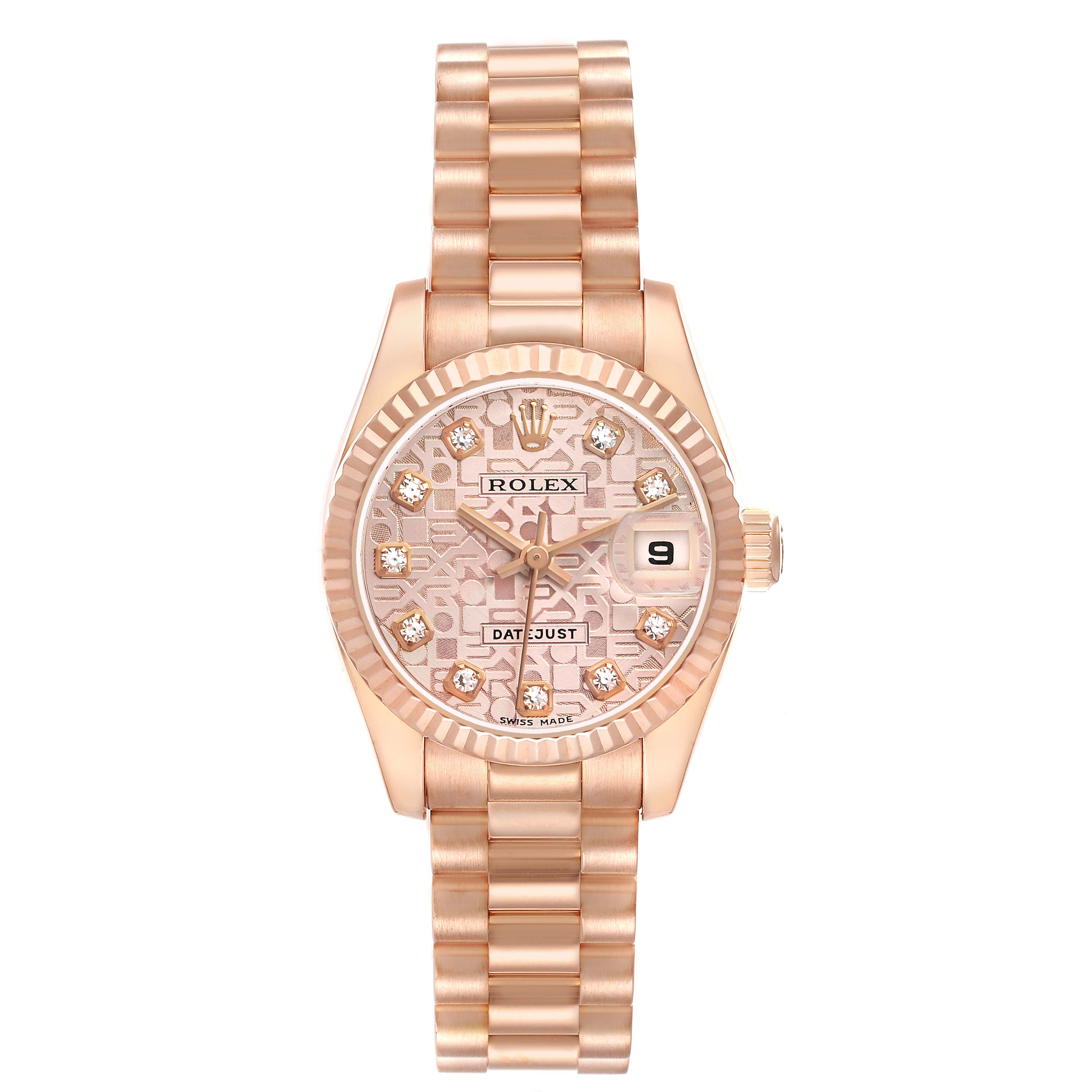 The Rolex President 179175 Women's Rose Gold Pink Dial watch is shown from the front, displaying the face, bezel, dial, and bracelet.