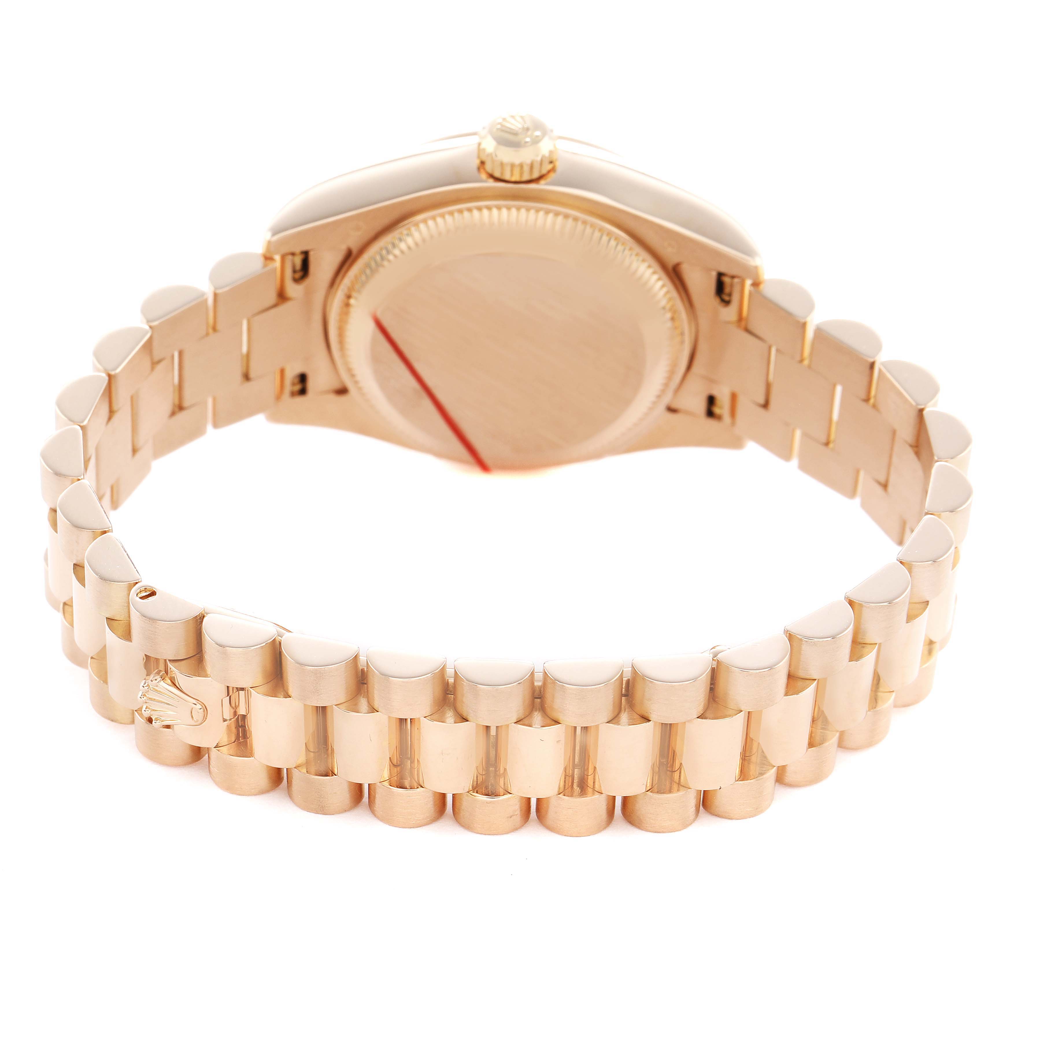 The image shows the case back and bracelet of a Rolex President 179175 Women's Rose Gold Pink Dial model from a rear angle.