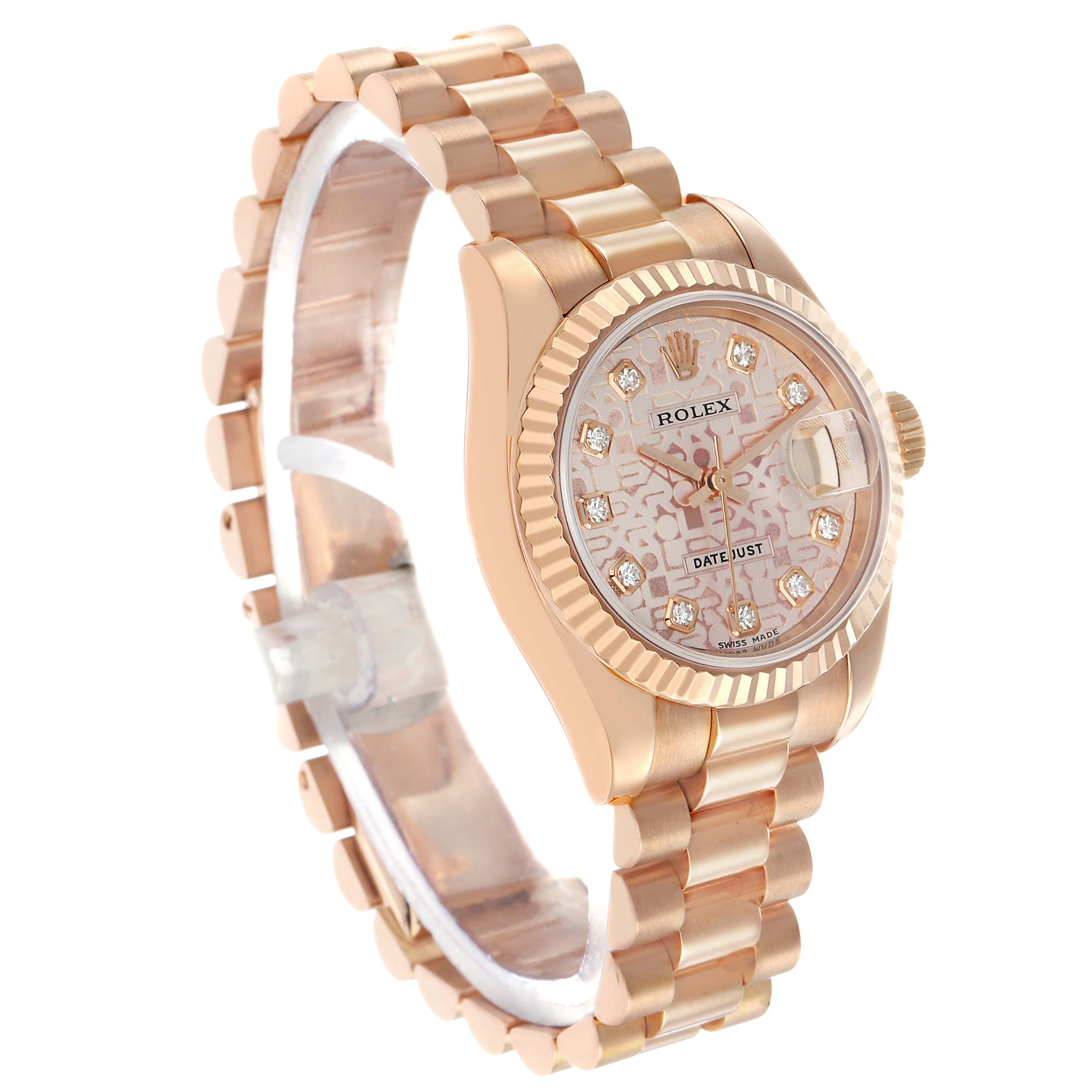 The Rolex President 179175 Women's Rose Gold Pink Dial model is shown at a slight angled view, highlighting its bracelet, fluted bezel, and dial.