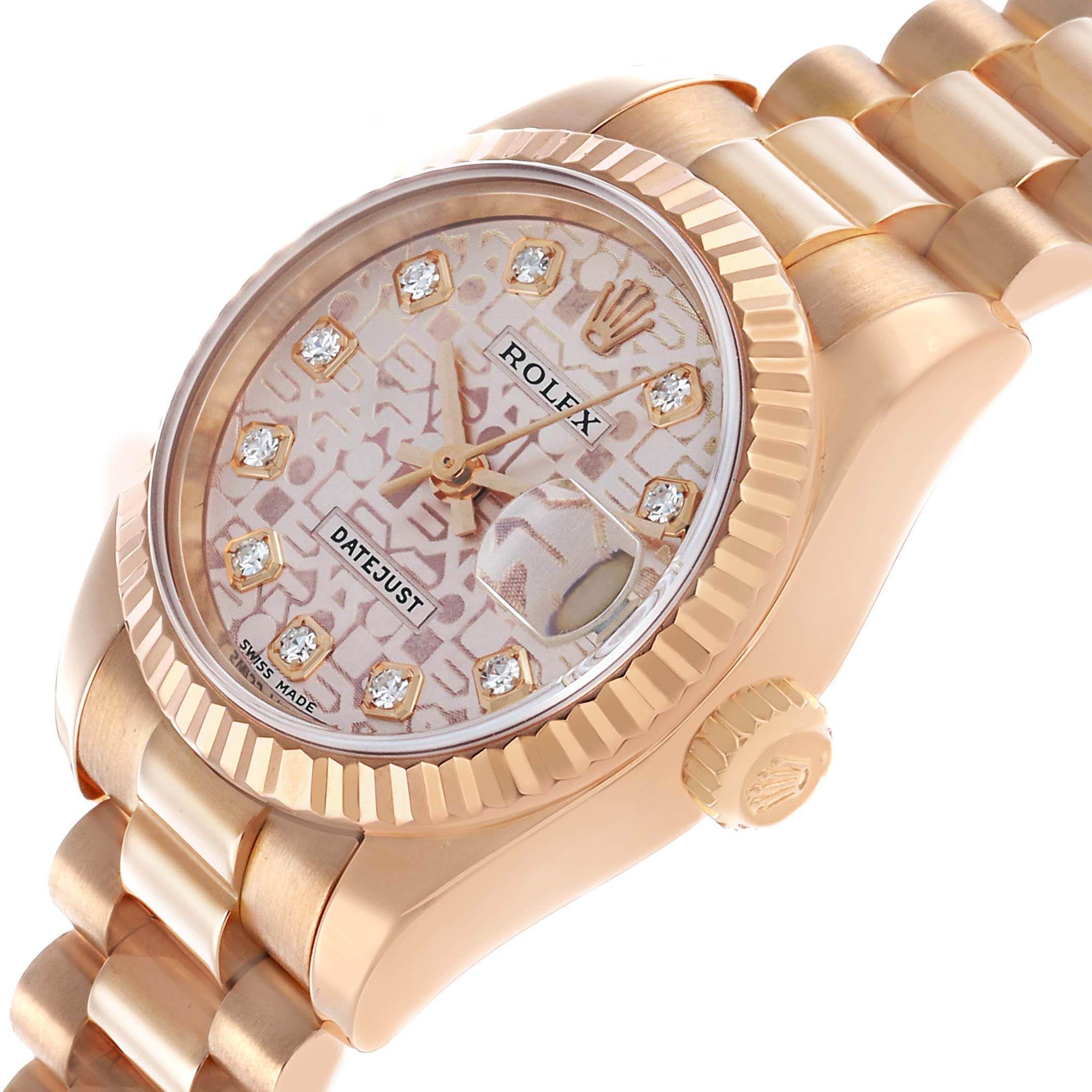The Rolex President 179175 Women's Rose Gold Pink Dial watch is shown at an angle highlighting its face, bezel, crown, and partial bracelet.