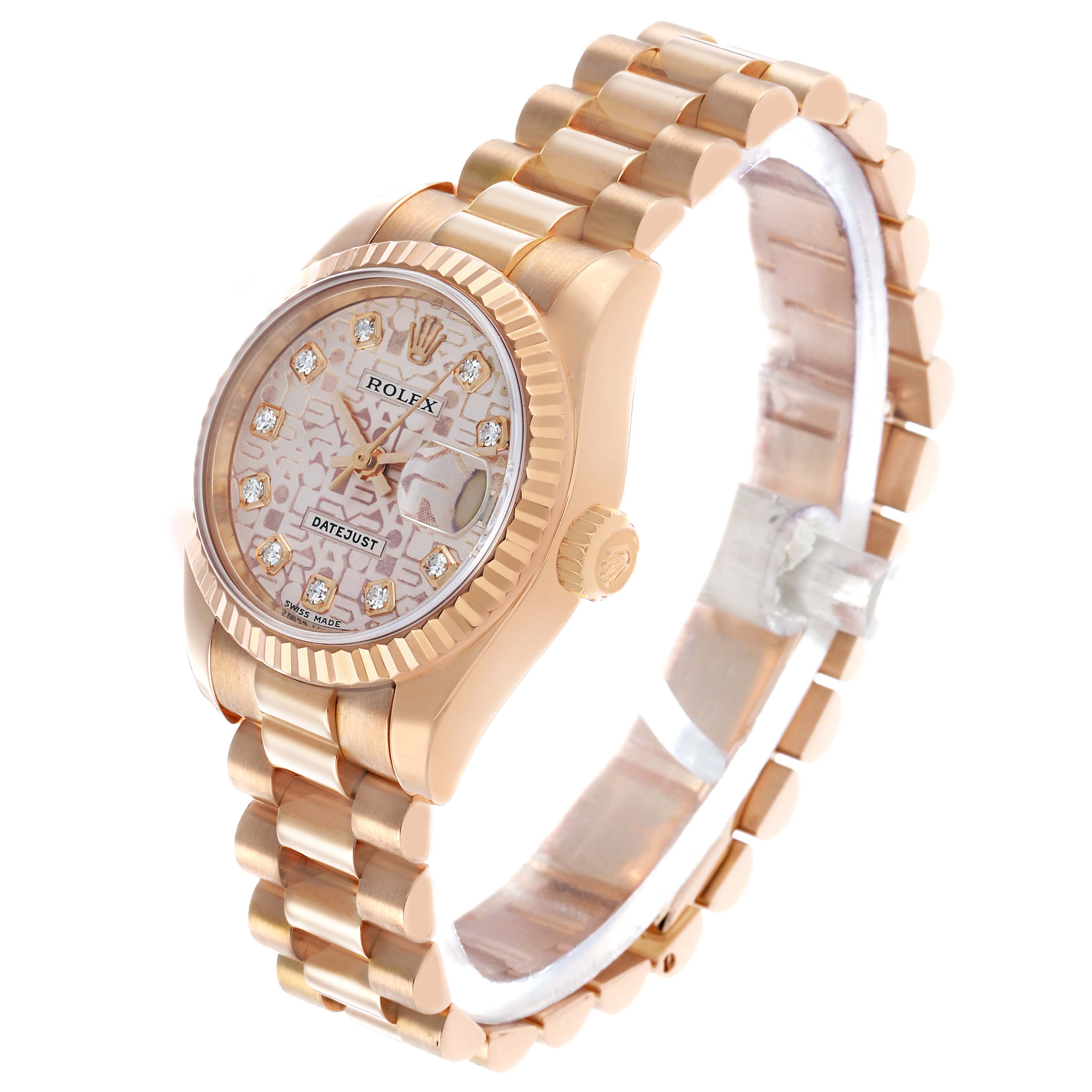 The Rolex President 179175 Women's Rose Gold Pink Dial model is shown at a three-quarter angle, displaying the watch face, bezel, crown, and bracelet.