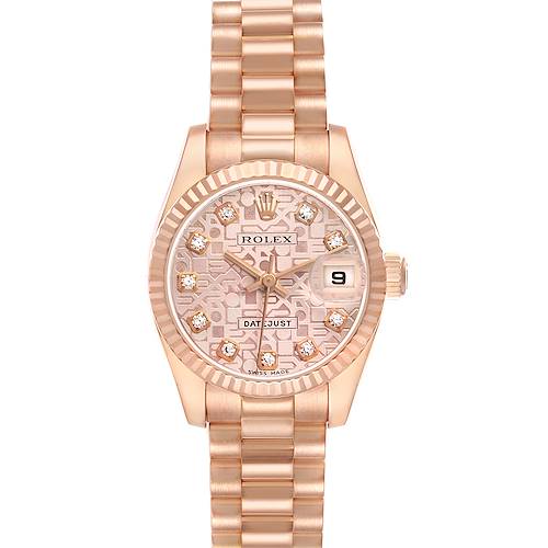 The Rolex President 179175 Women's Rose Gold Pink Dial model watch is shown from the front, displaying its dial, bezel, and bracelet.
