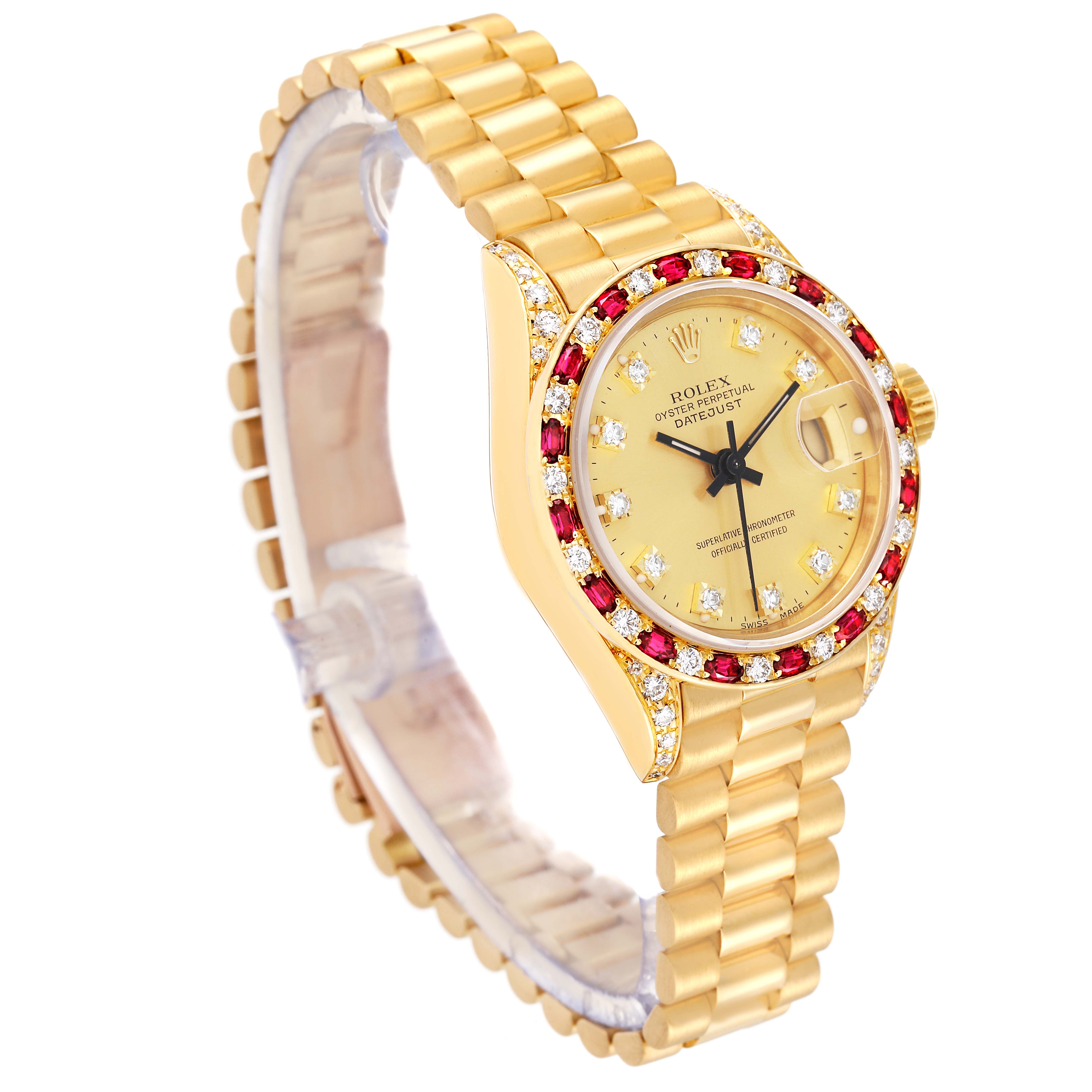 This image shows a Rolex President 69198 Women
s Yellow Gold Champagne Dial 69198 Women
s Yellow Gold Champagne Dial model watch at an angled view, highlighting its gold bracelet and gem-studded bezel and dial.
