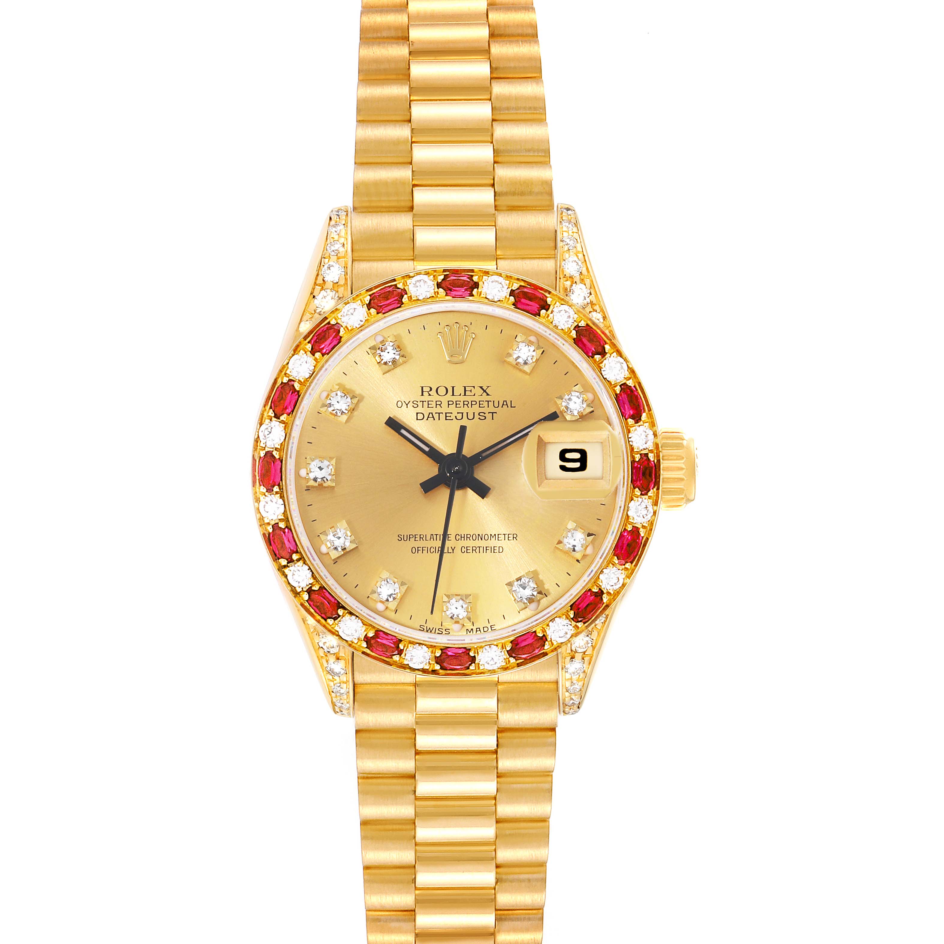 The image shows a frontal view of a Rolex President 69198 Women
s Yellow Gold Champagne Dial 69198 Women
s Yellow Gold Champagne Dial model watch, displaying its face, bezel, and part of the bracelet.