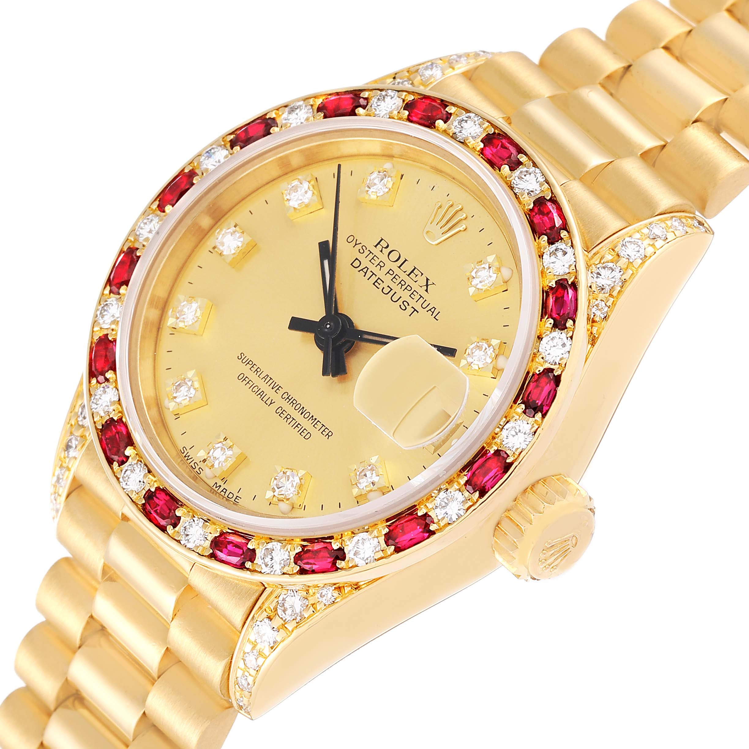 The Rolex President 69198 Women
s Yellow Gold Champagne Dial 69198 Women
s Yellow Gold Champagne Dial model watch is shown at a slight angle, highlighting the dial, bezel, crown, and bracelet.