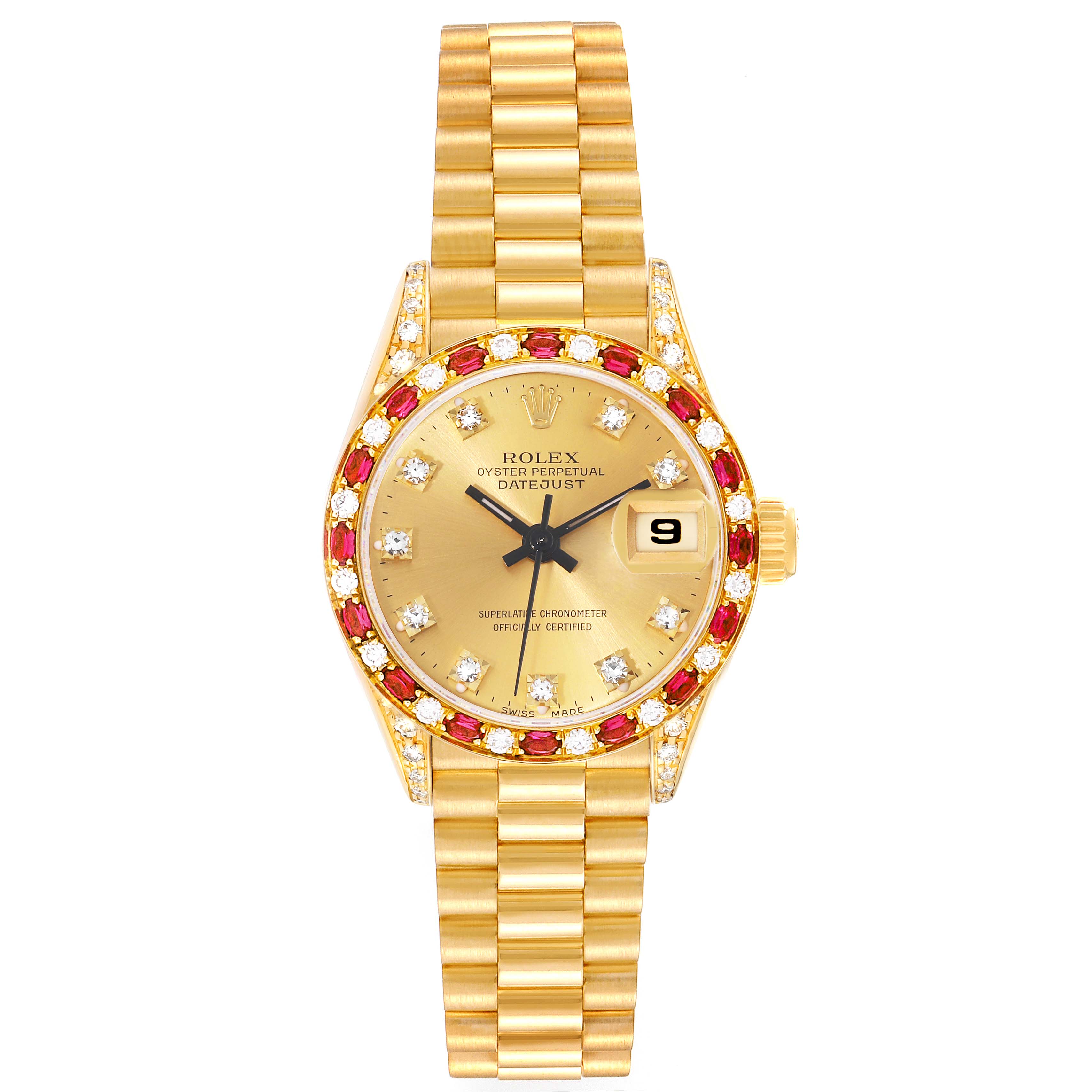 The Rolex President 69198 Women
s Yellow Gold Champagne Dial 69198 Women
s Yellow Gold Champagne Dial model watch is shown from a top-down angle, featuring its gold bracelet, dial, and bezel adorned with gemstones.
