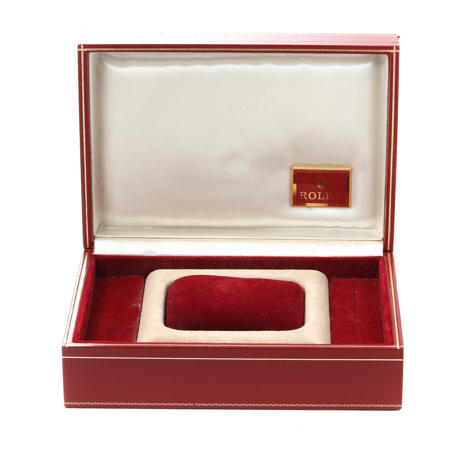 This image shows an open red and white display box for a Rolex President 69198 Women
s Yellow Gold Champagne Dial 69198 Women
s Yellow Gold Champagne Dial model watch.