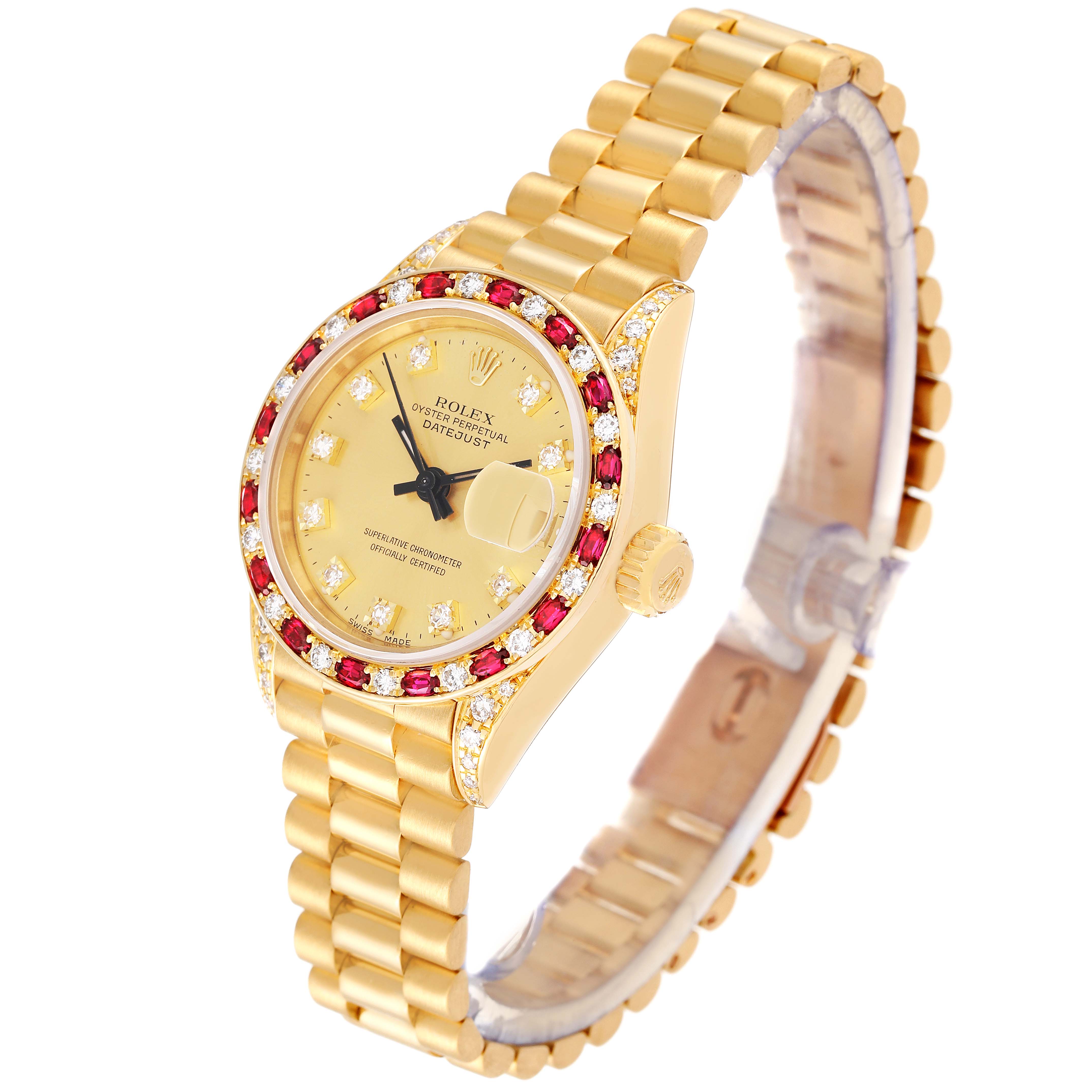 The image shows a President model Rolex watch at a slight angle, displaying the face, bezel, crown, and bracelet.