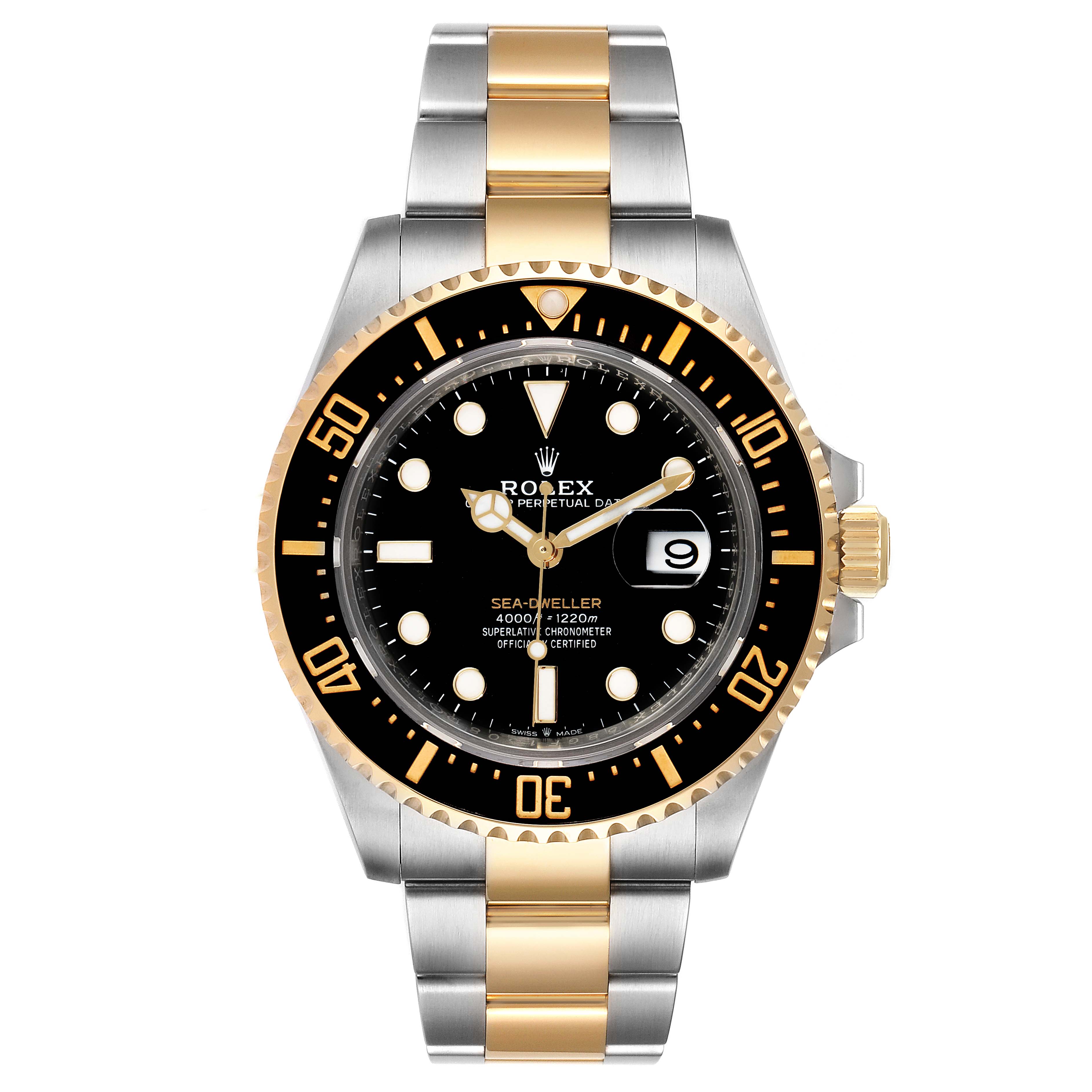 This image shows a front view of the Rolex Sea-Dweller 126603 Men's Steel and Gold (two tone) Black Dial 126603 Men's Steel and Gold (two tone) Black Dial watch, highlighting the face, bezel, and bracelet.